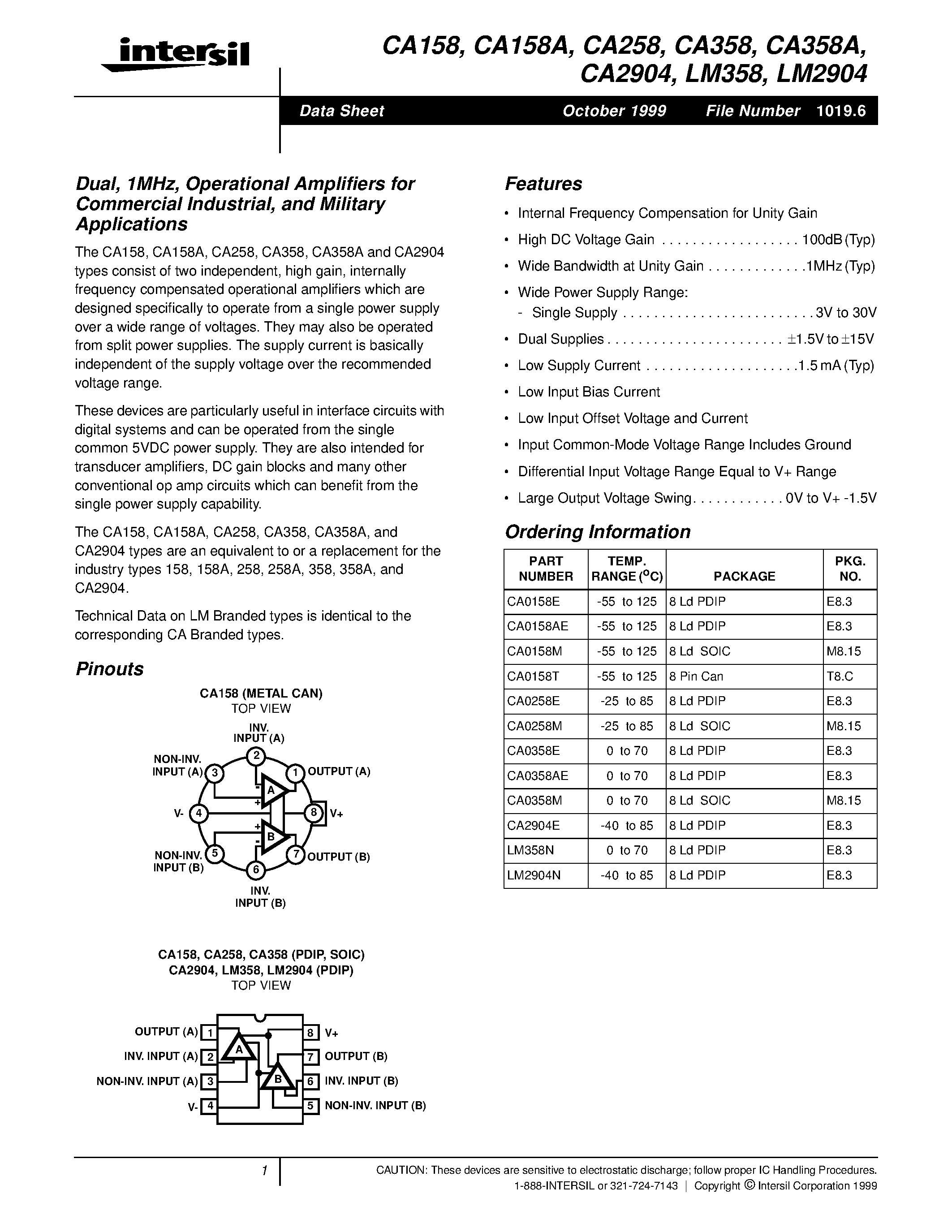 Datasheet CA158 - Operational Amplifiers page 1