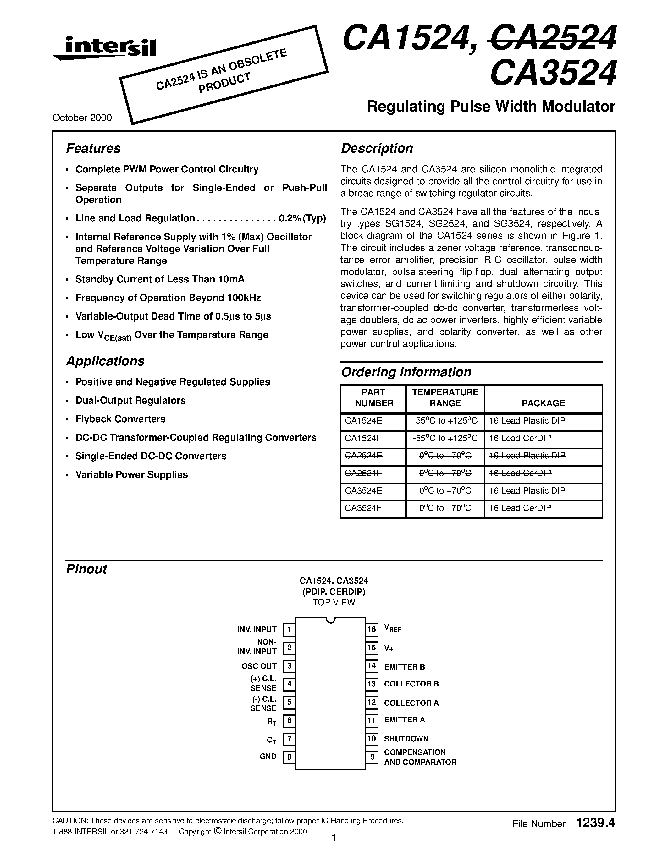 Datasheet CA1524 - Regulating Pulse Width Modulator page 1
