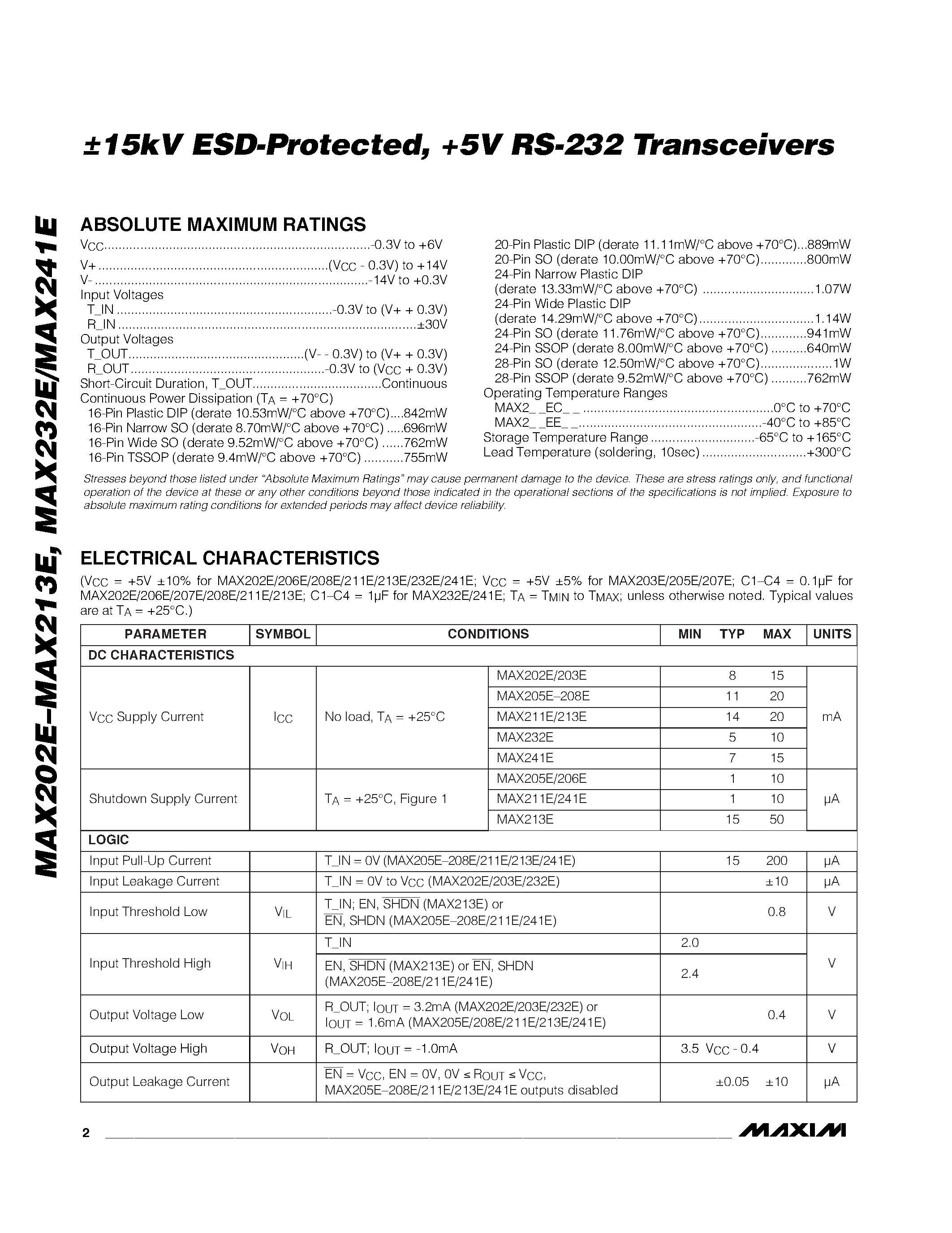 Даташит MAX202E - (MAX202E - MAX241E) +5V RS-232 Transceivers страница 2