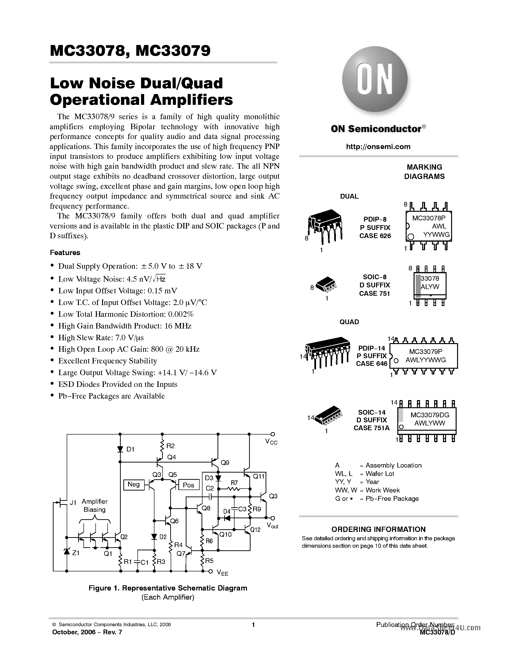 Даташит MC33078 - (MC33078 / MC33079) Low Noise Dual/Quad Operational Amplifiers страница 1
