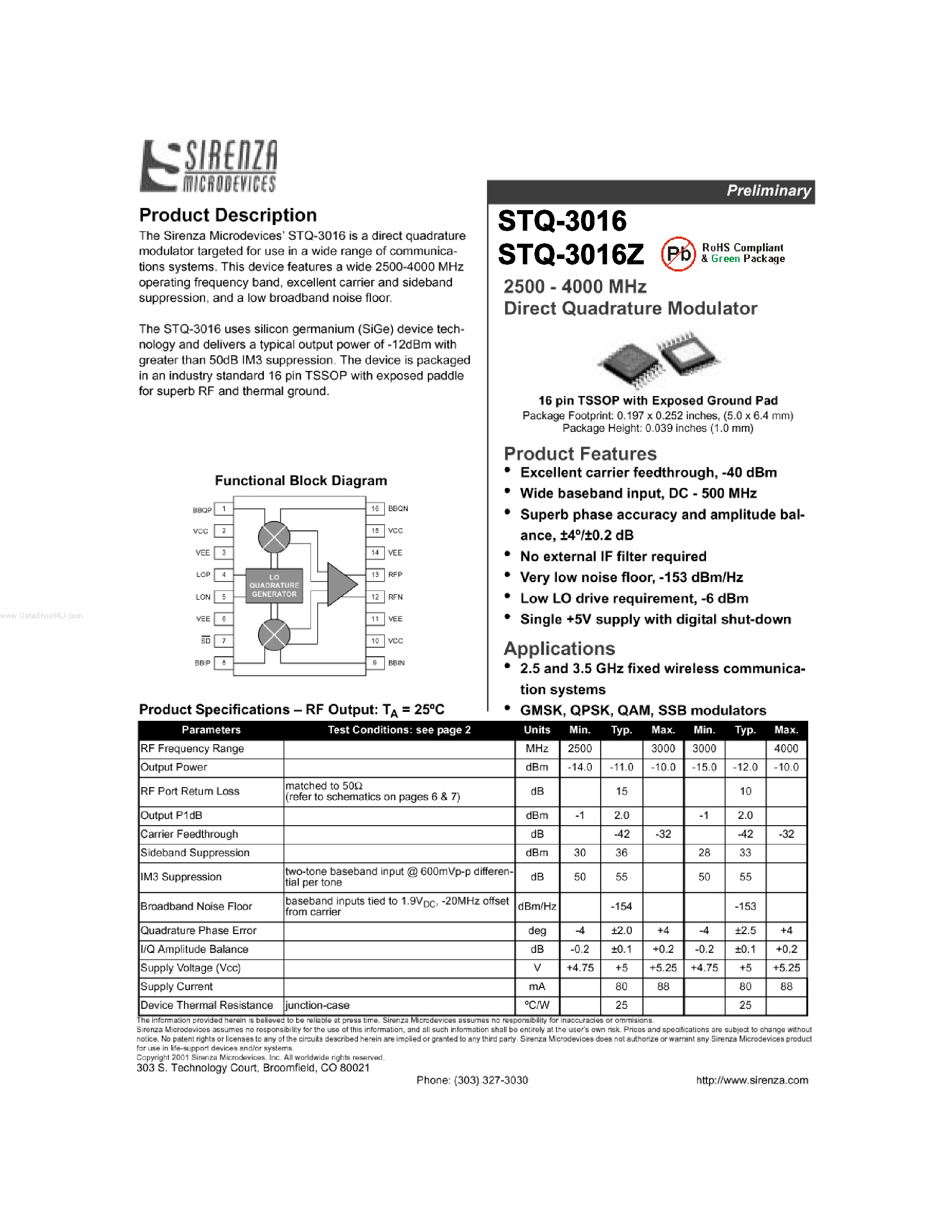 Datasheet STQ-3016 - Direct Quadrature Modulator page 1