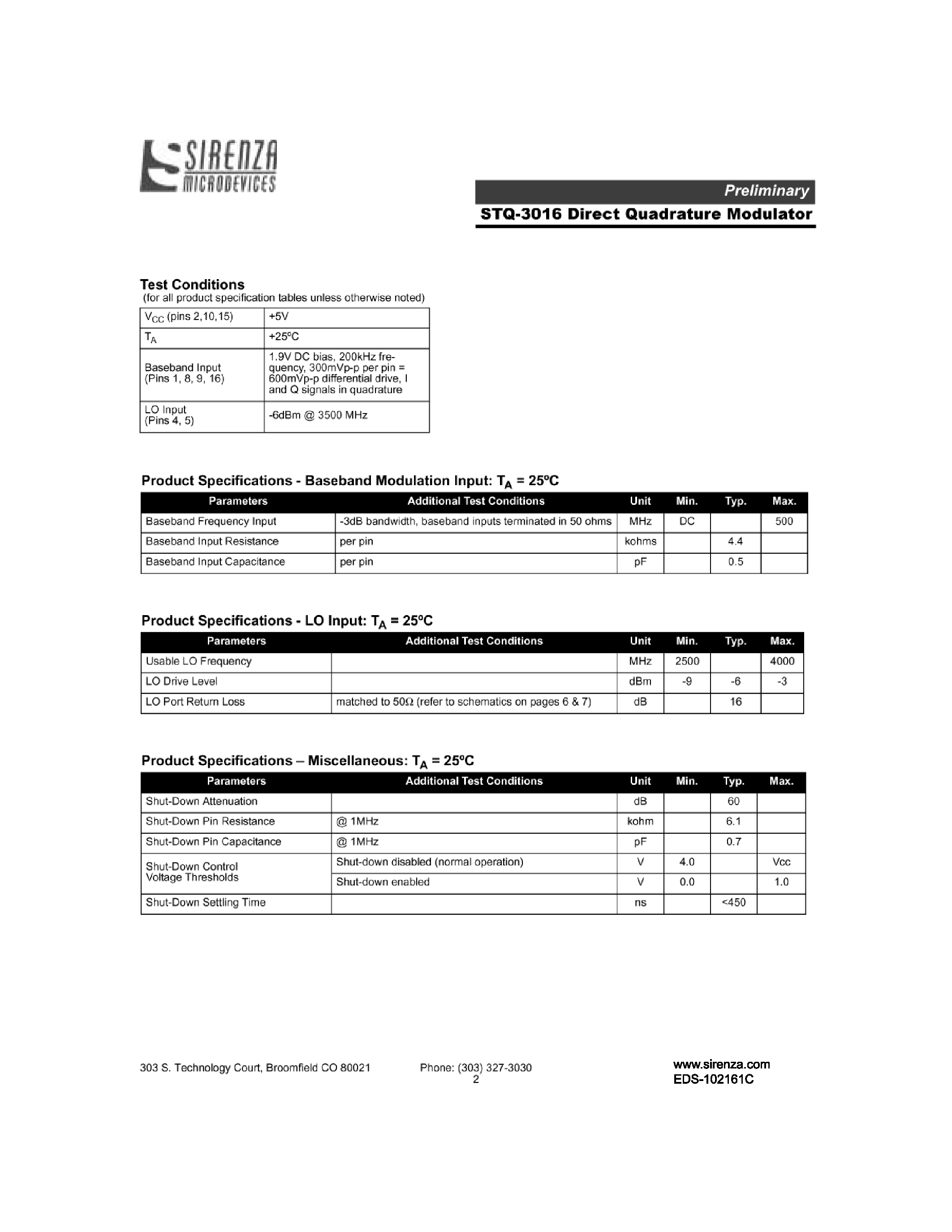 Datasheet STQ-3016 - Direct Quadrature Modulator page 2