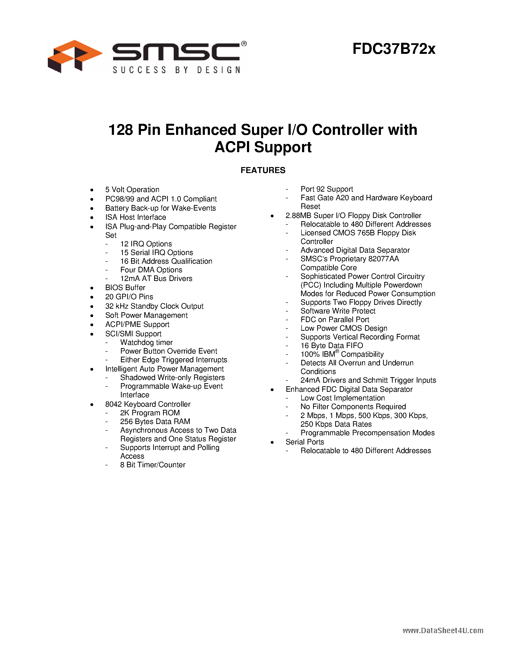 Datasheet FDC37B72X - 128 Pin Enhanced Super I/O Controller page 1