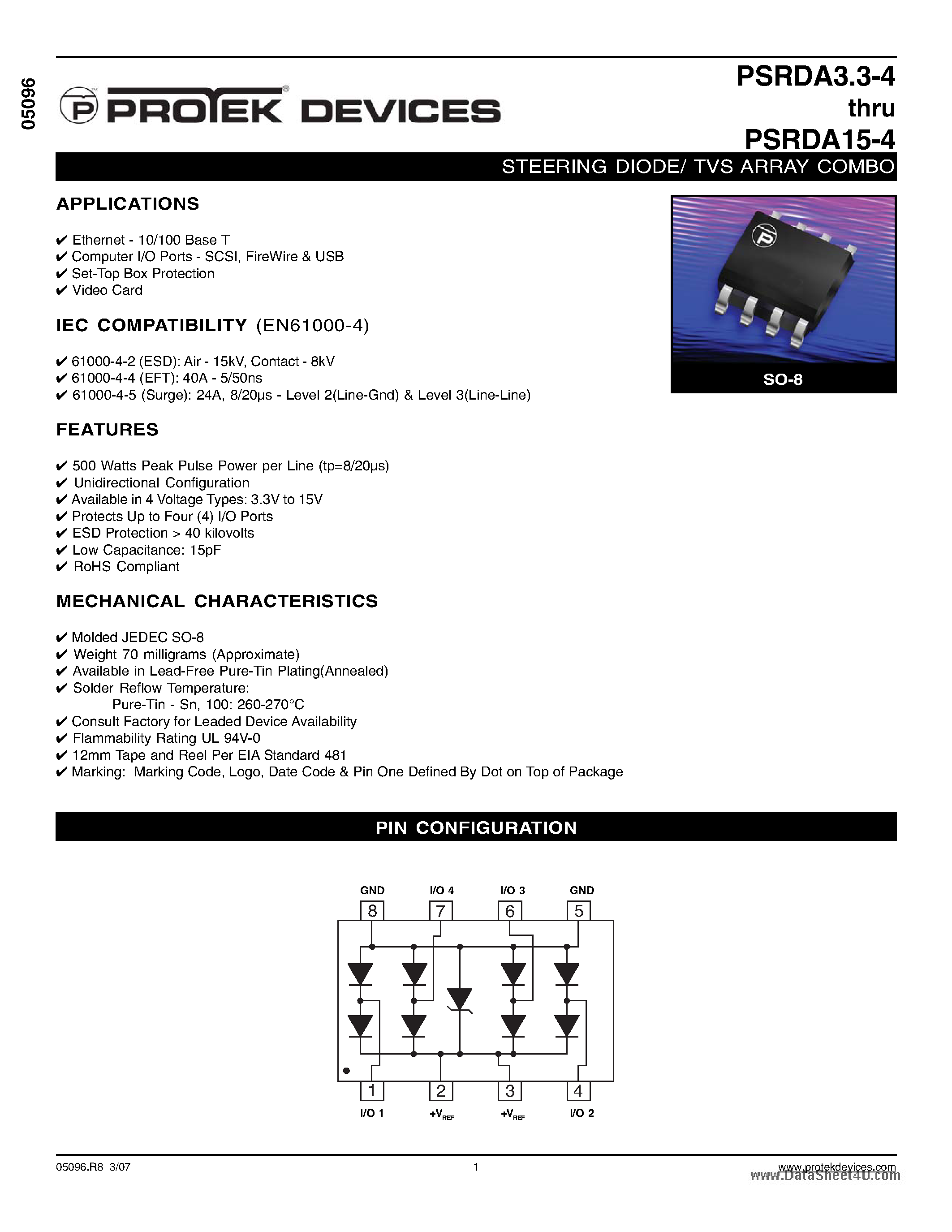Datasheet PSRDA12-4 - (PSRDA3.3-4 - PSRDA15-4) STEERING DIODE/ TVS ARRAY COMBO page 1