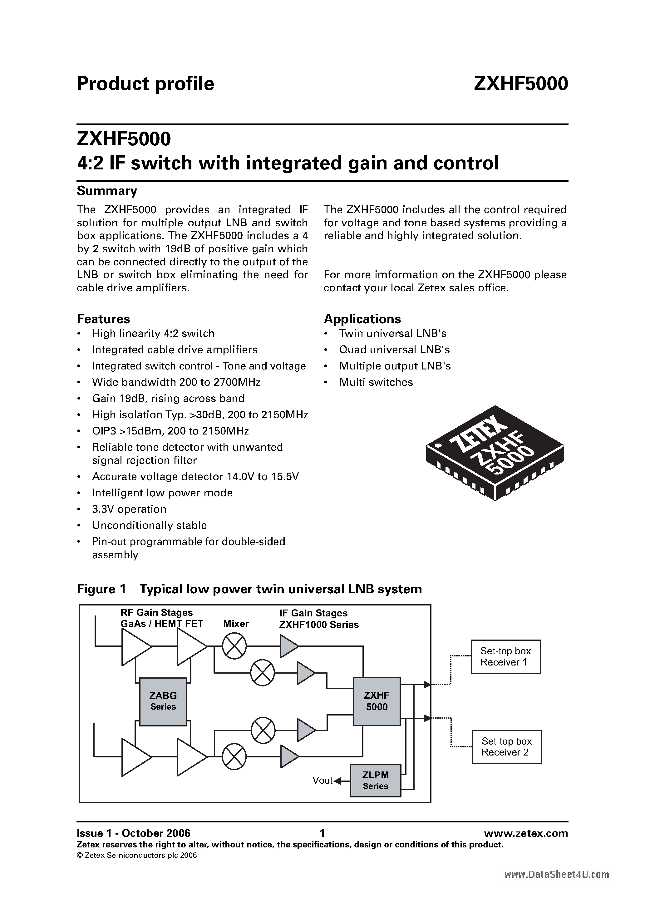 Datasheet ZXHF5000 - 4:2 IF switch page 1