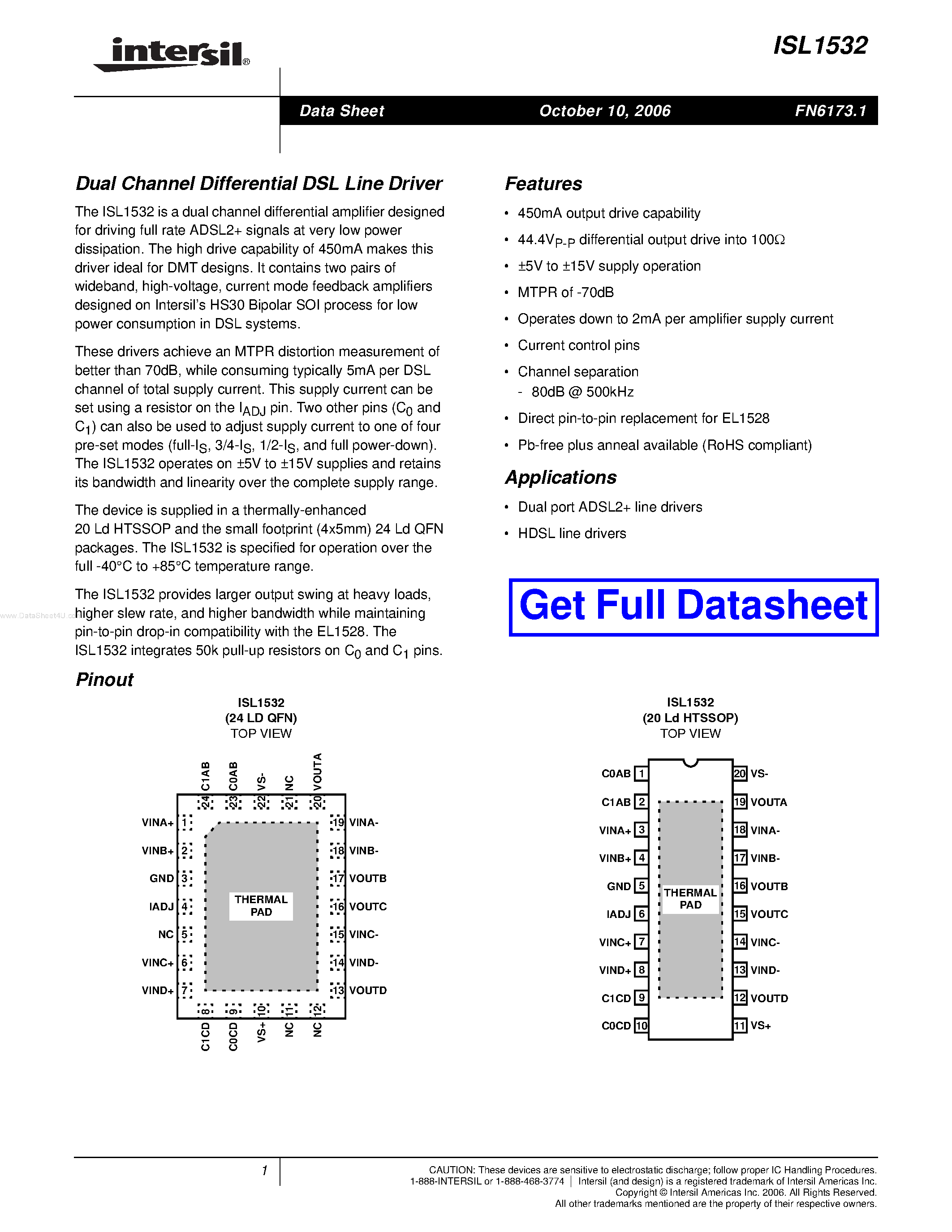 Datasheet ISL1532 - Dual Channel Differential DSL Line Driver page 1