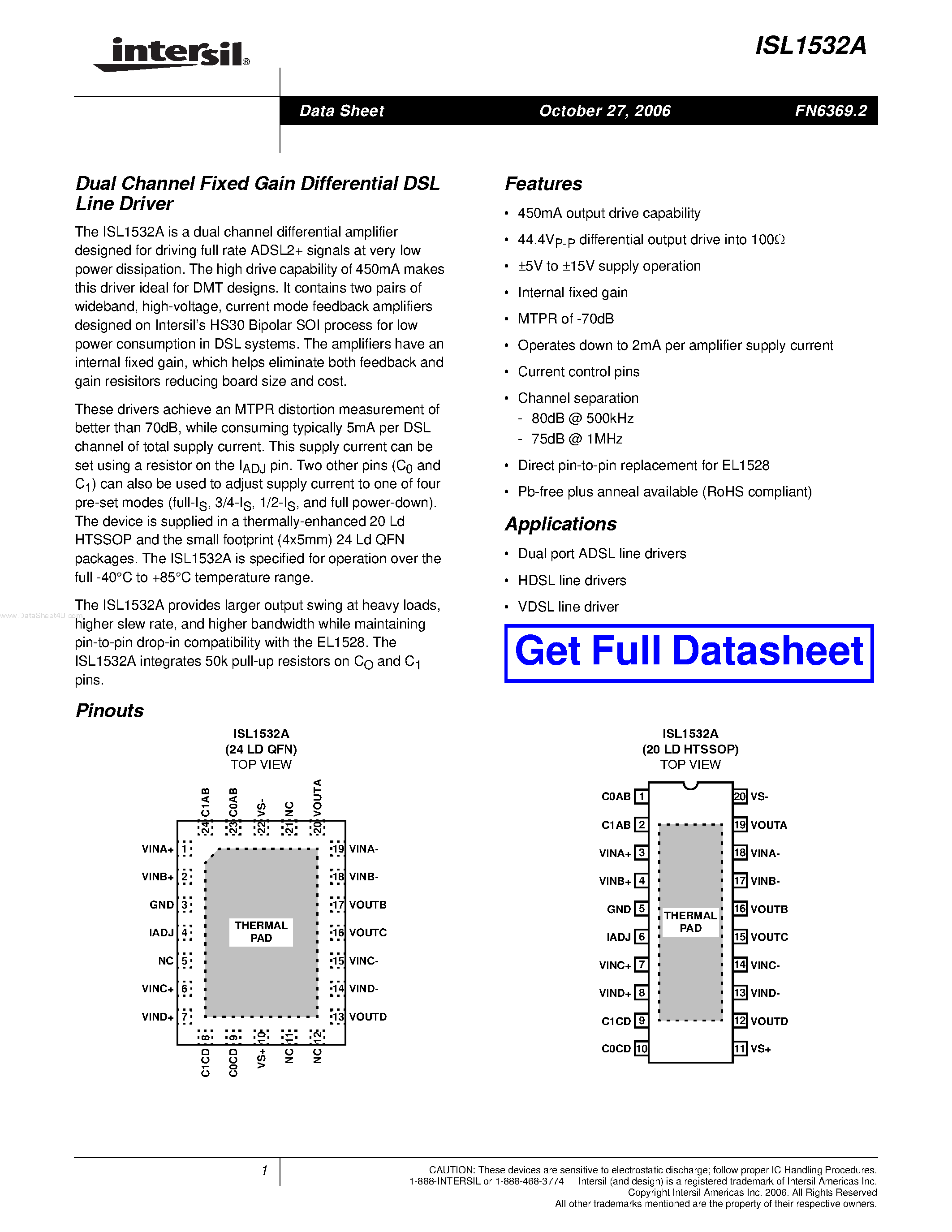 Datasheet ISL1532A - Dual Channel Fixed Gain Differential DSL Line Driver page 1
