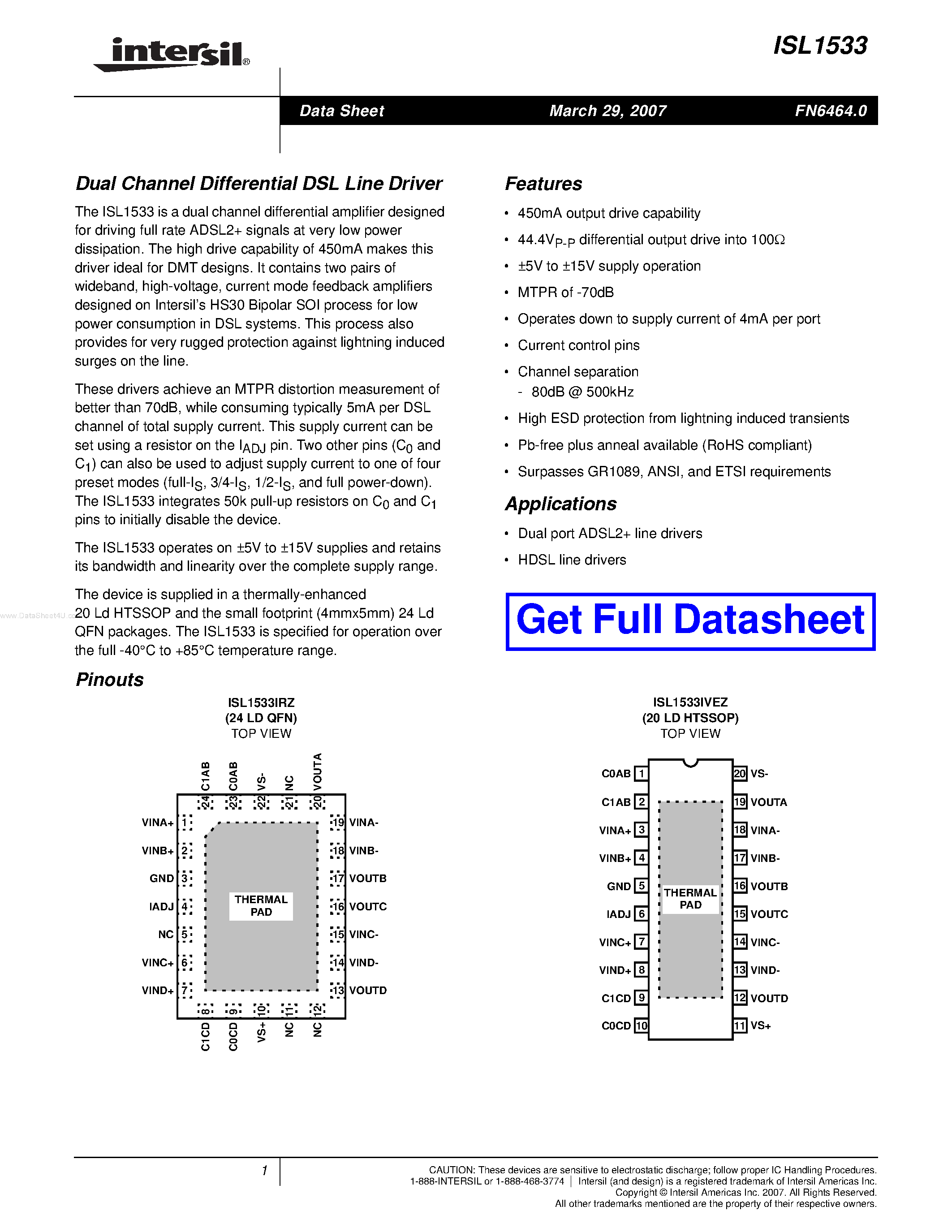 Datasheet ISL1533 - Dual Channel Differential DSL Line Driver page 1