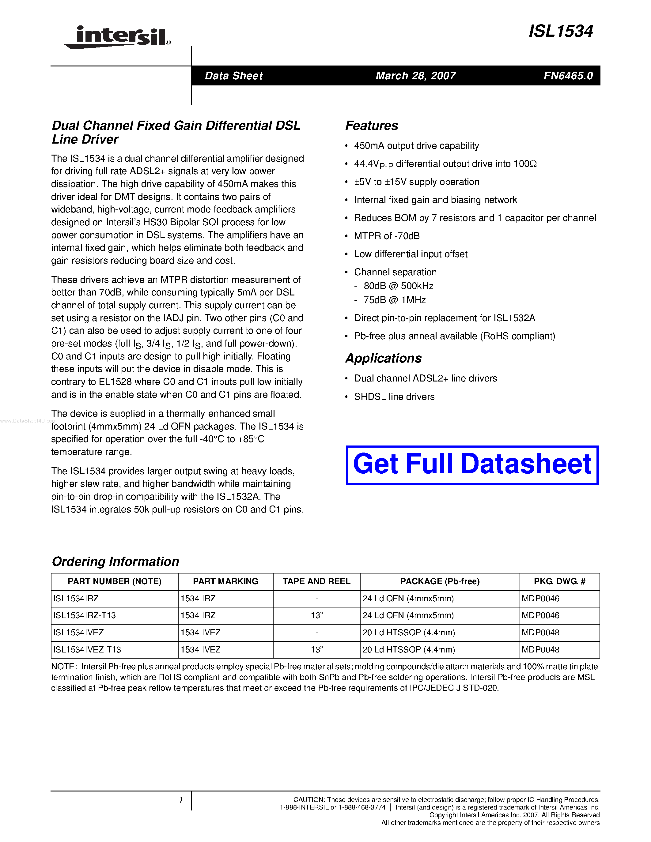Datasheet ISL1534 - Dual Channel Fixed Gain Differential DSL Line Driver page 1