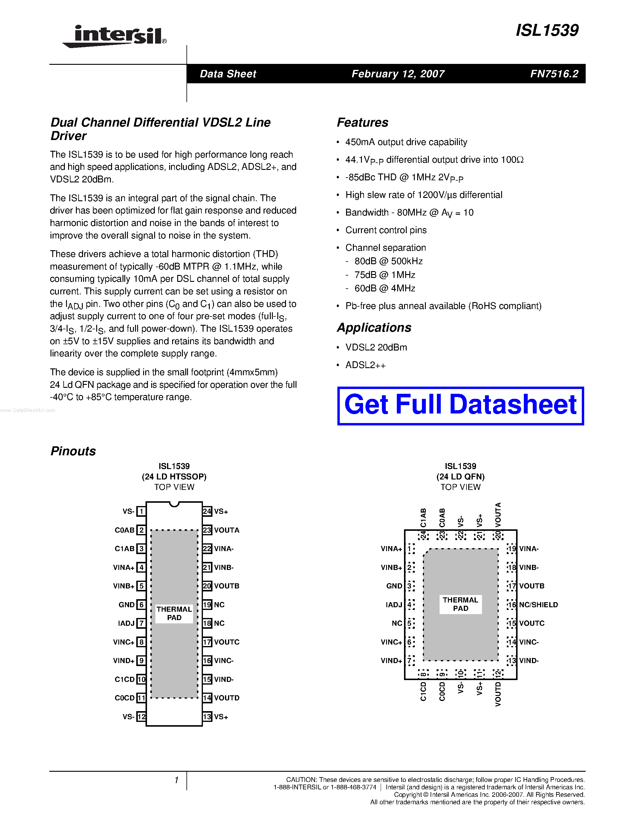 Datasheet ISL1539 - Dual Channel Differential VDSL2 Line Driver page 1