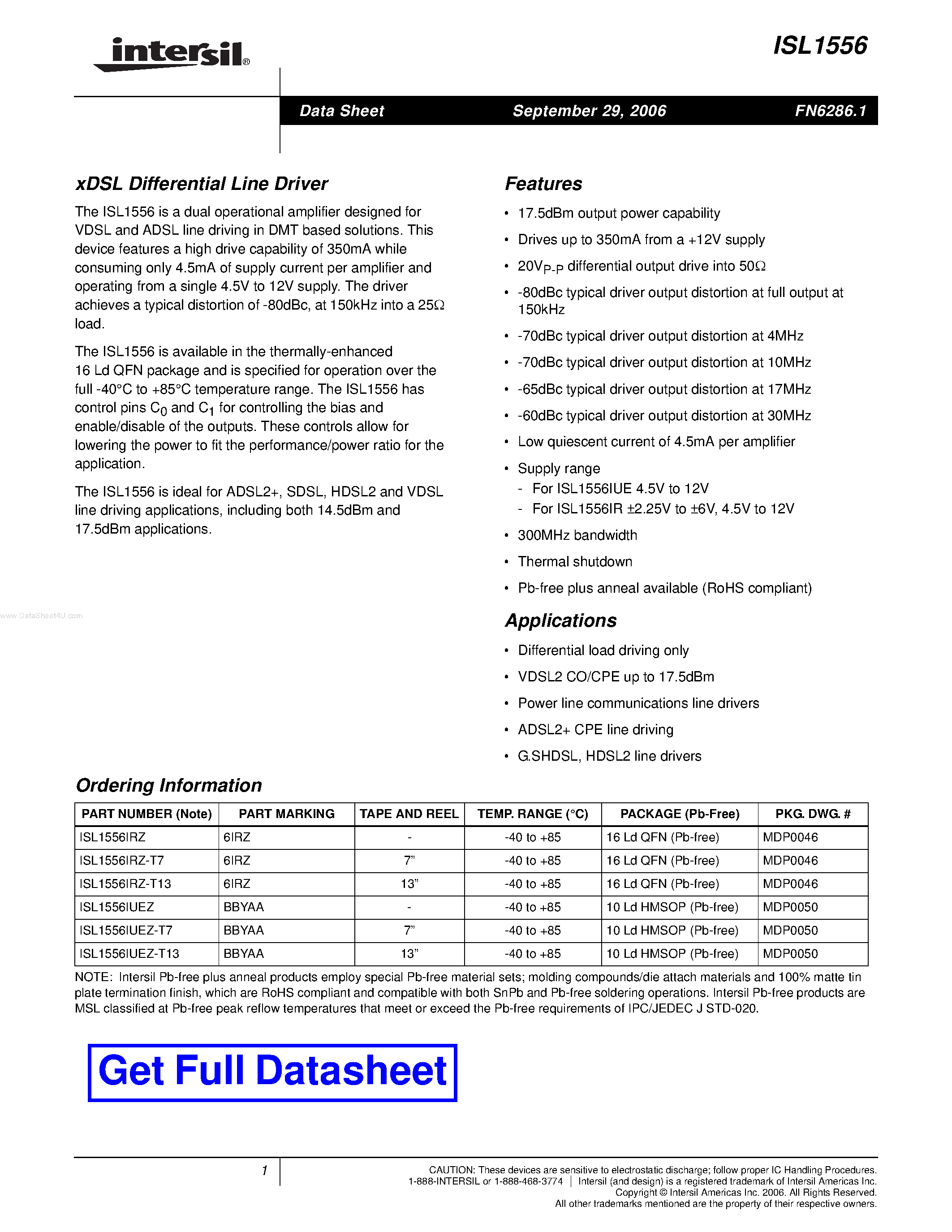 Datasheet ISL1556 - xDSL Differential Line Driver page 1