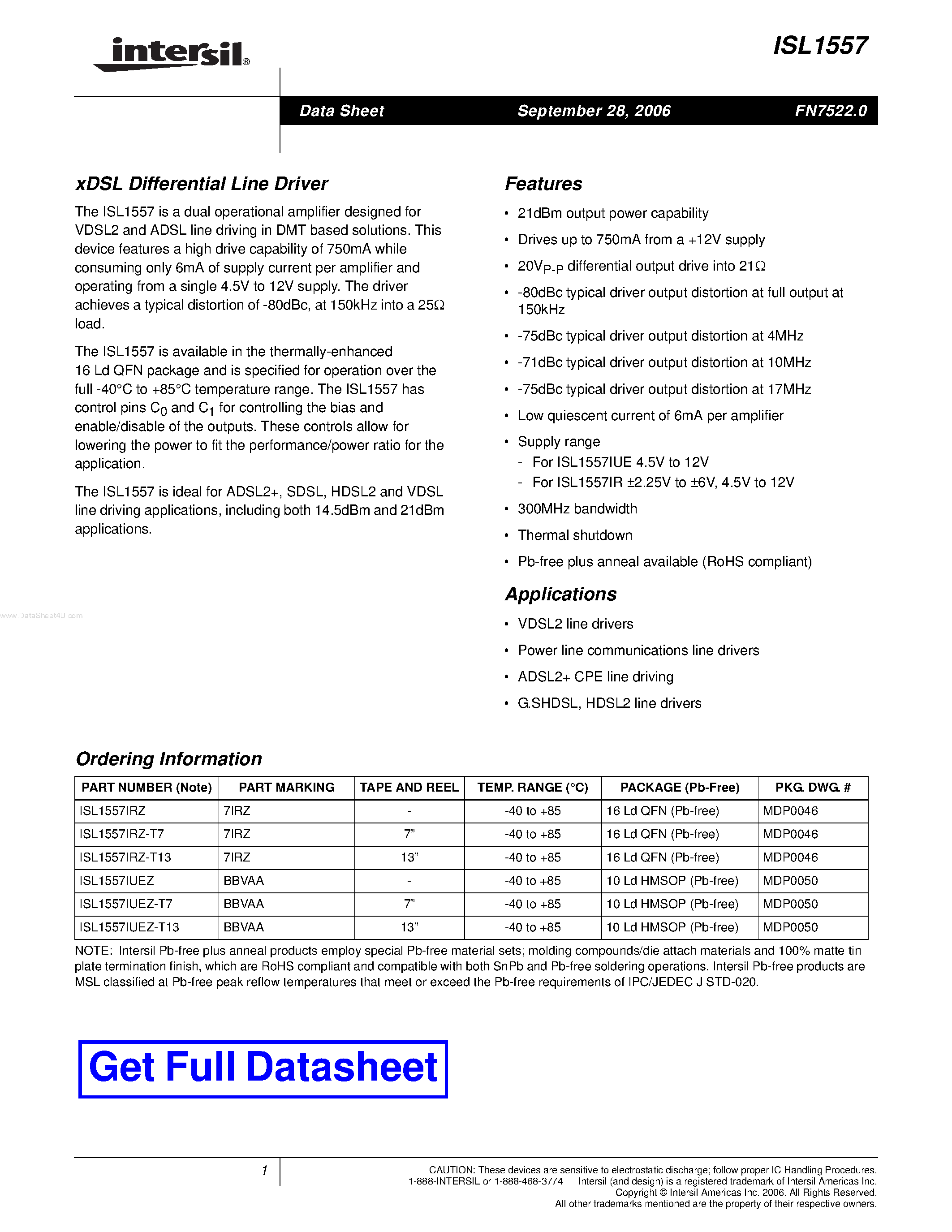 Datasheet ISL1557 - xDSL Differential Line Driver page 1