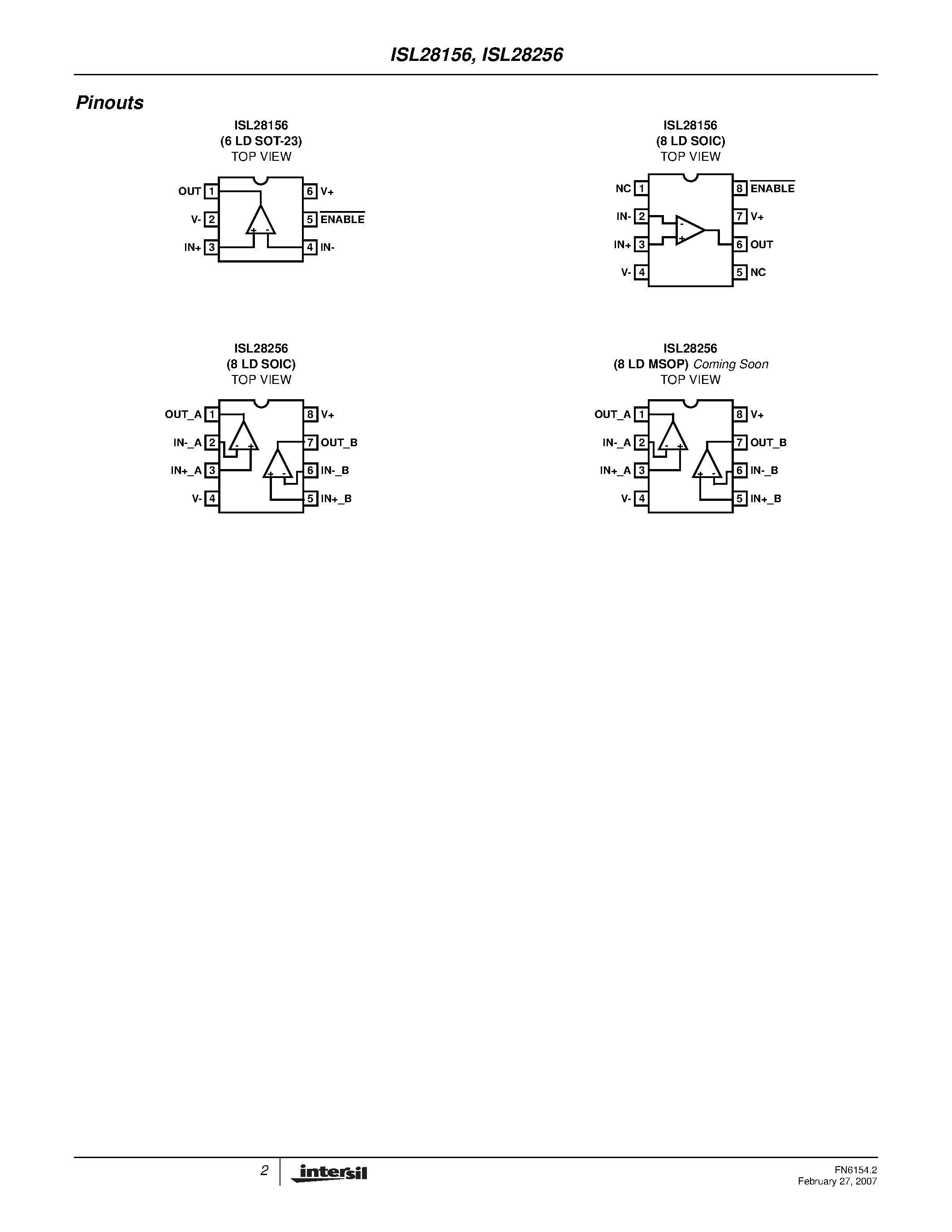 Datasheet ISL28256 - (ISL28156 / ISL28256) 39uA Micropower Single and Dual Precision Rail-to-Rail Input-Output (RRIO) Low Input Bias Current Op Amps page 2