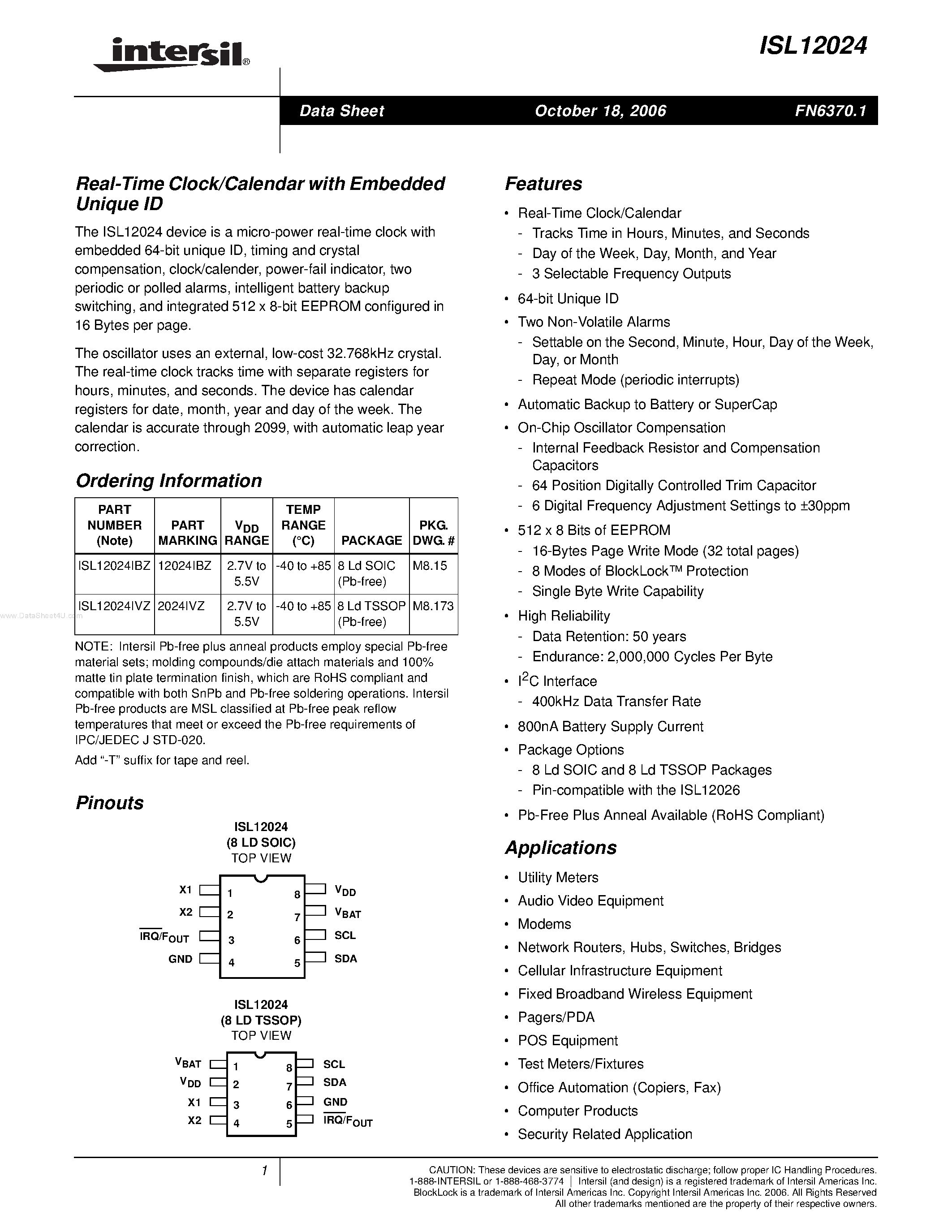 Datasheet ISL12024 - Real-Time Clock/Calendar page 1