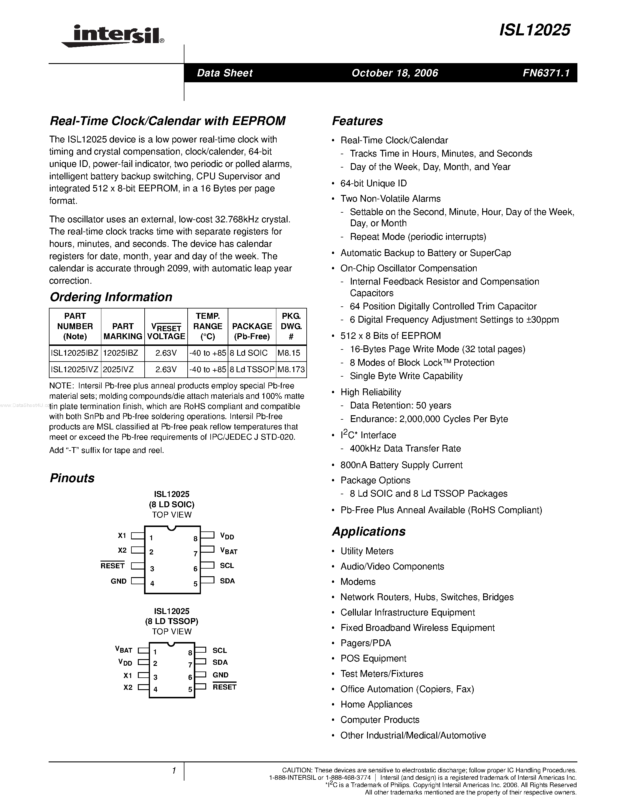 Datasheet ISL12025 - Real-Time Clock/Calendar page 1