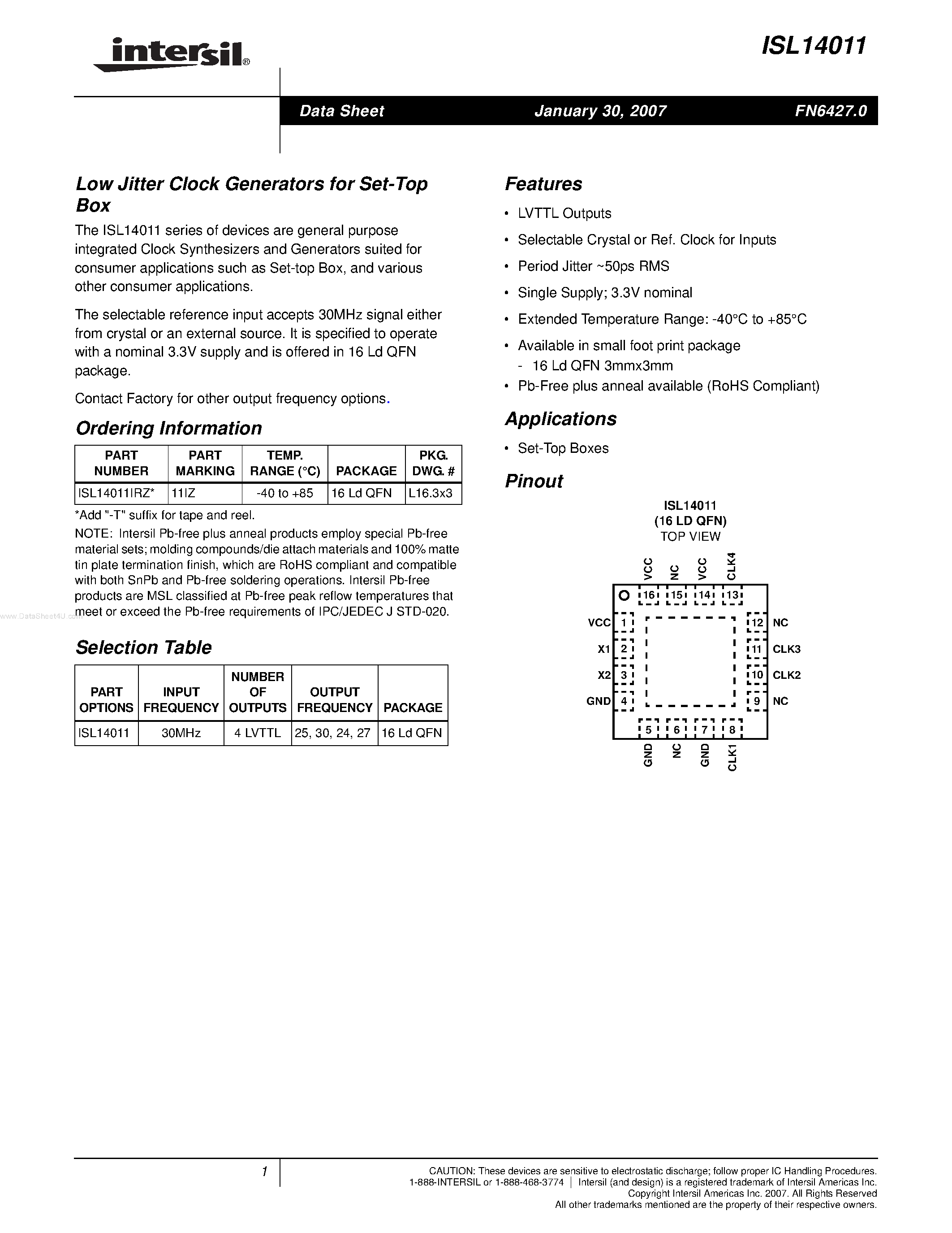 Datasheet ISL14011 - Low Jitter Clock Generators page 1