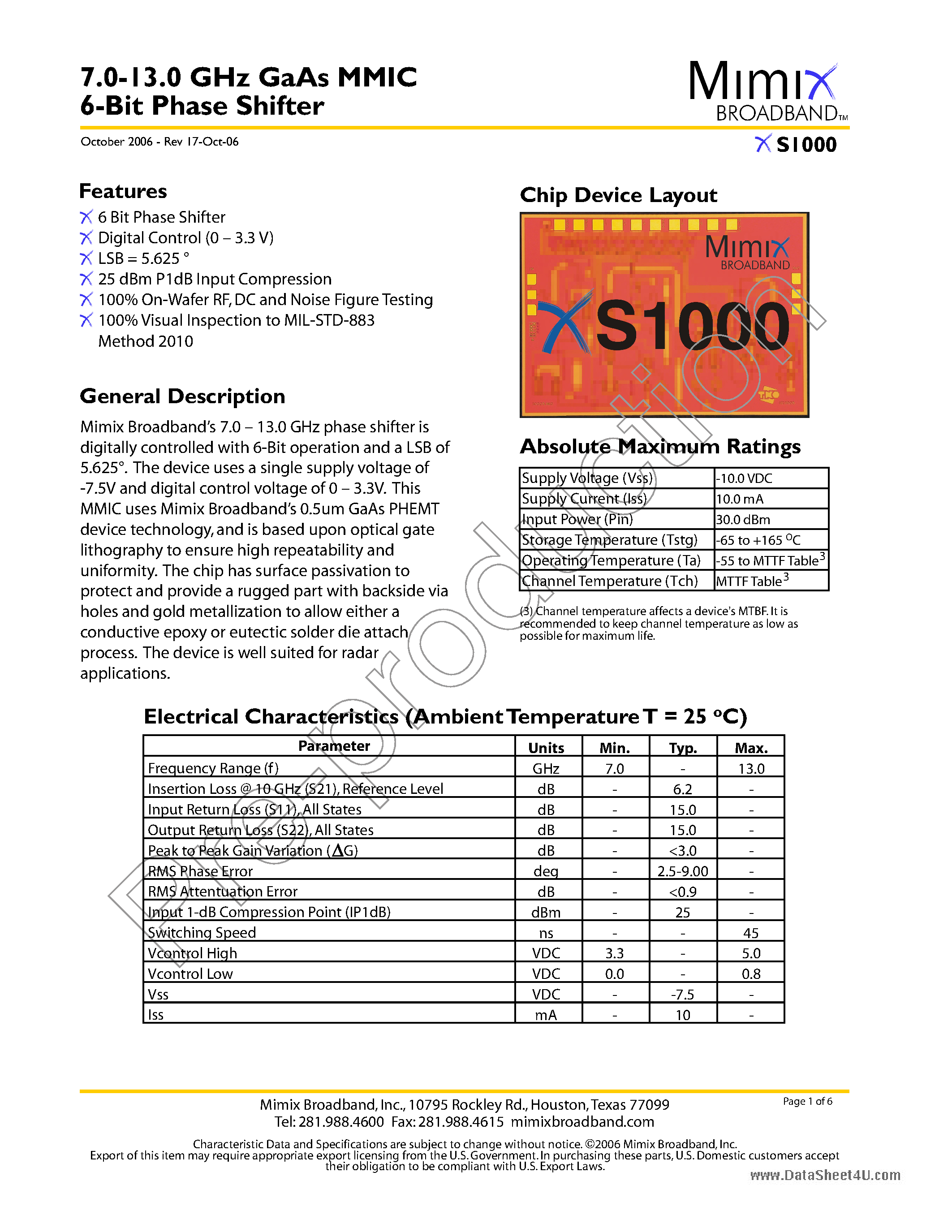 Datasheet XS1000 - GaAs MMIC 6-Bit Phase Shifter page 1