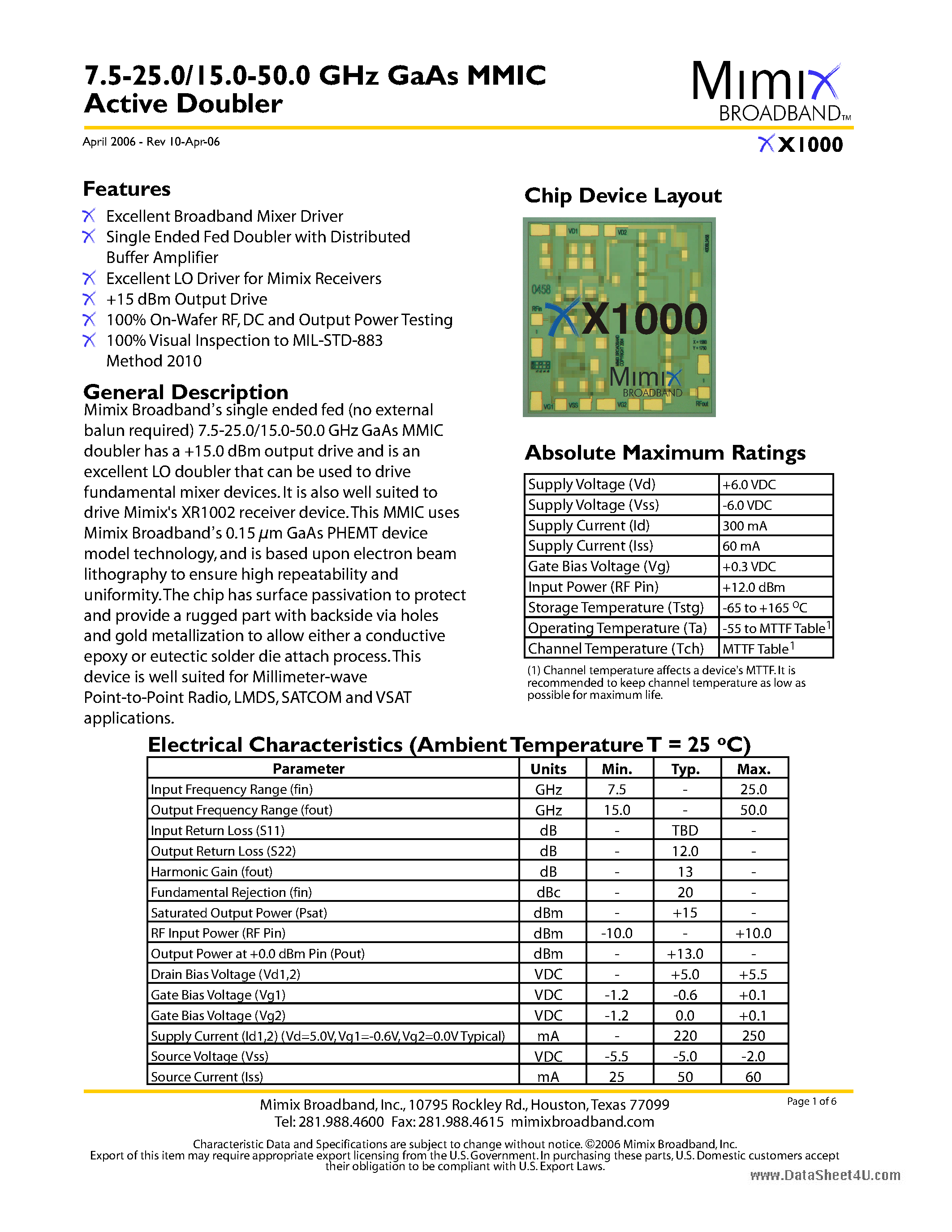 Datasheet XX1000 - GaAs MMIC Active Doubler page 1