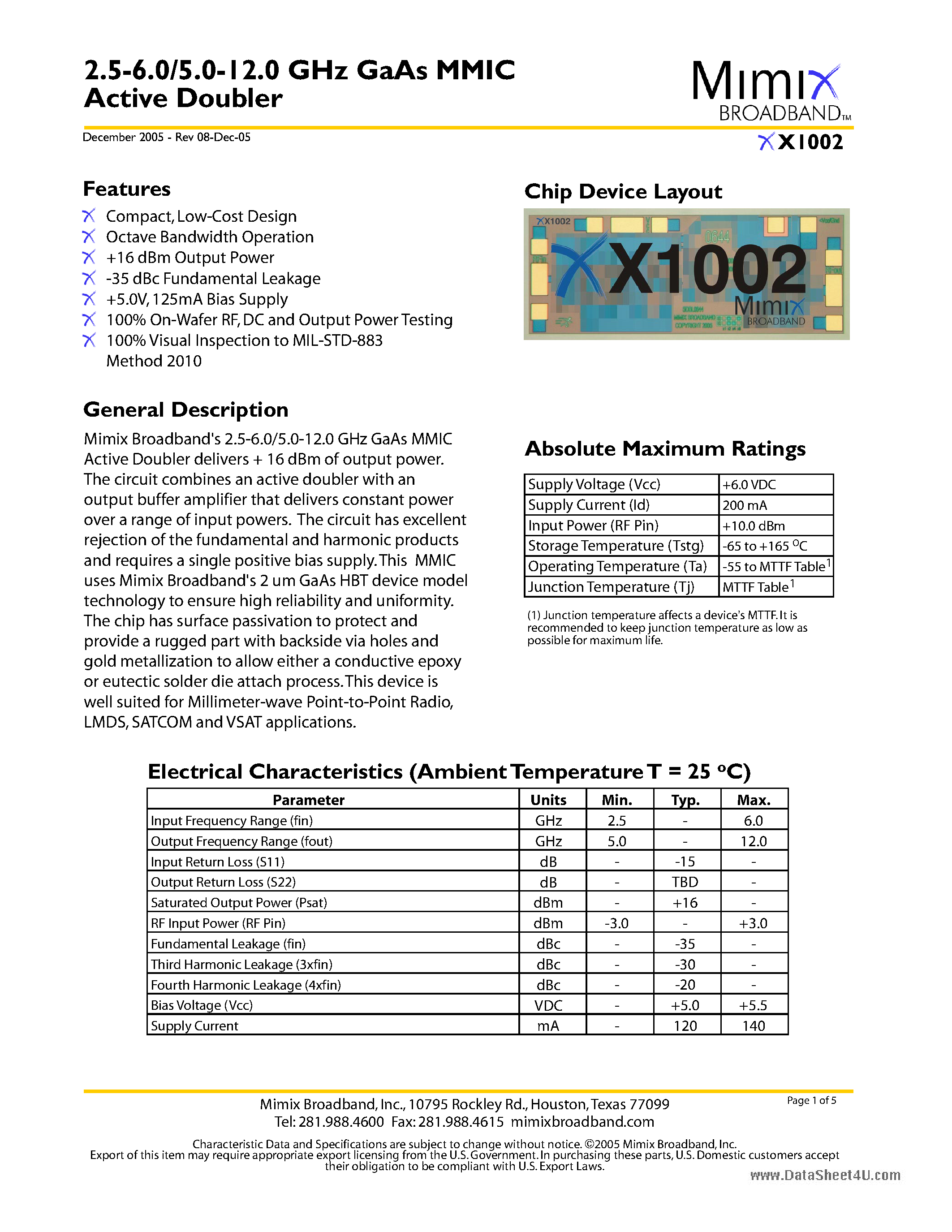 Datasheet XX1002 - GaAs MMIC Active Doubler page 1
