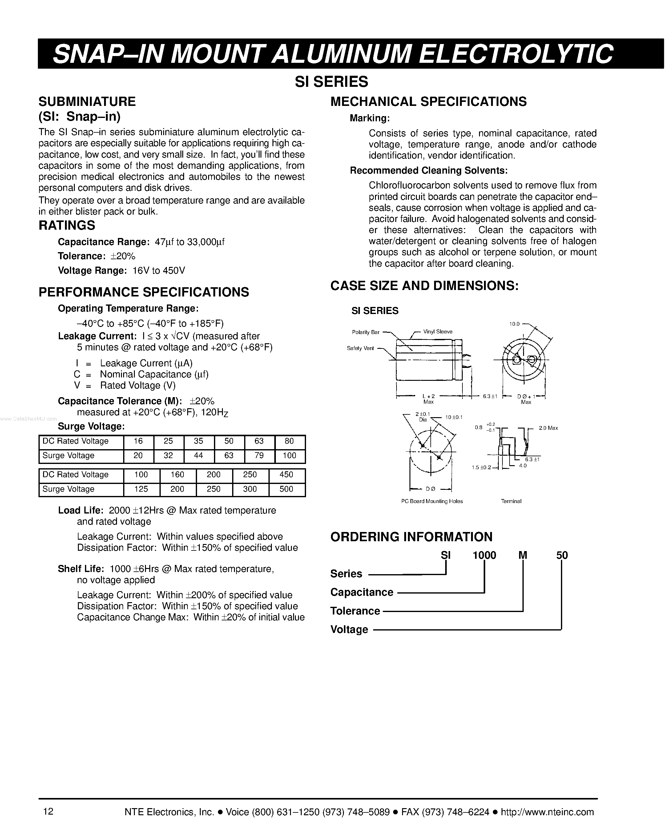 Datasheet SI1000 - (SI Series) SNAP-IN MOUNT ALUMINUM ELECTROLYTIC page 1