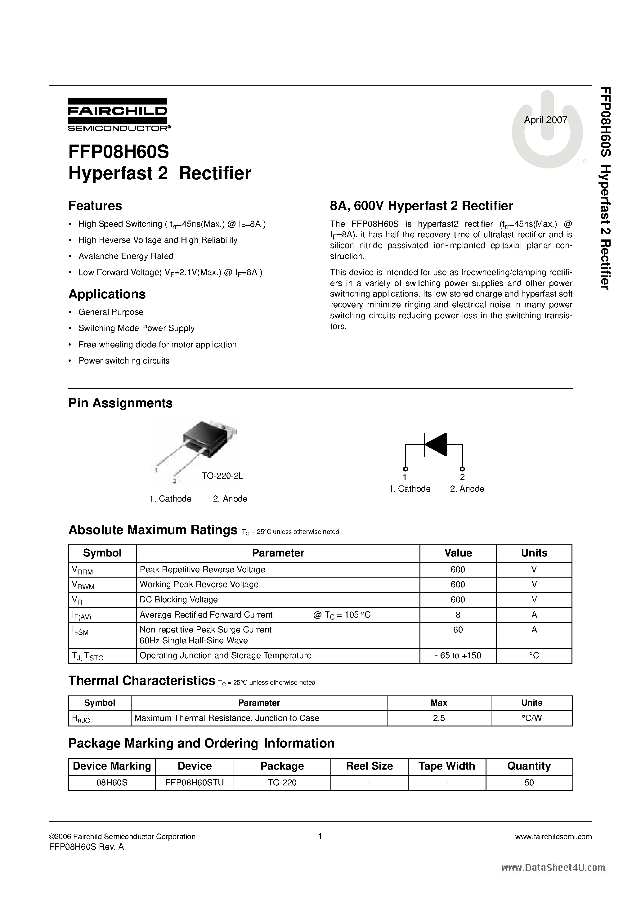 Datasheet FFP08H60S - Hyperfast 2 Rectifier page 1