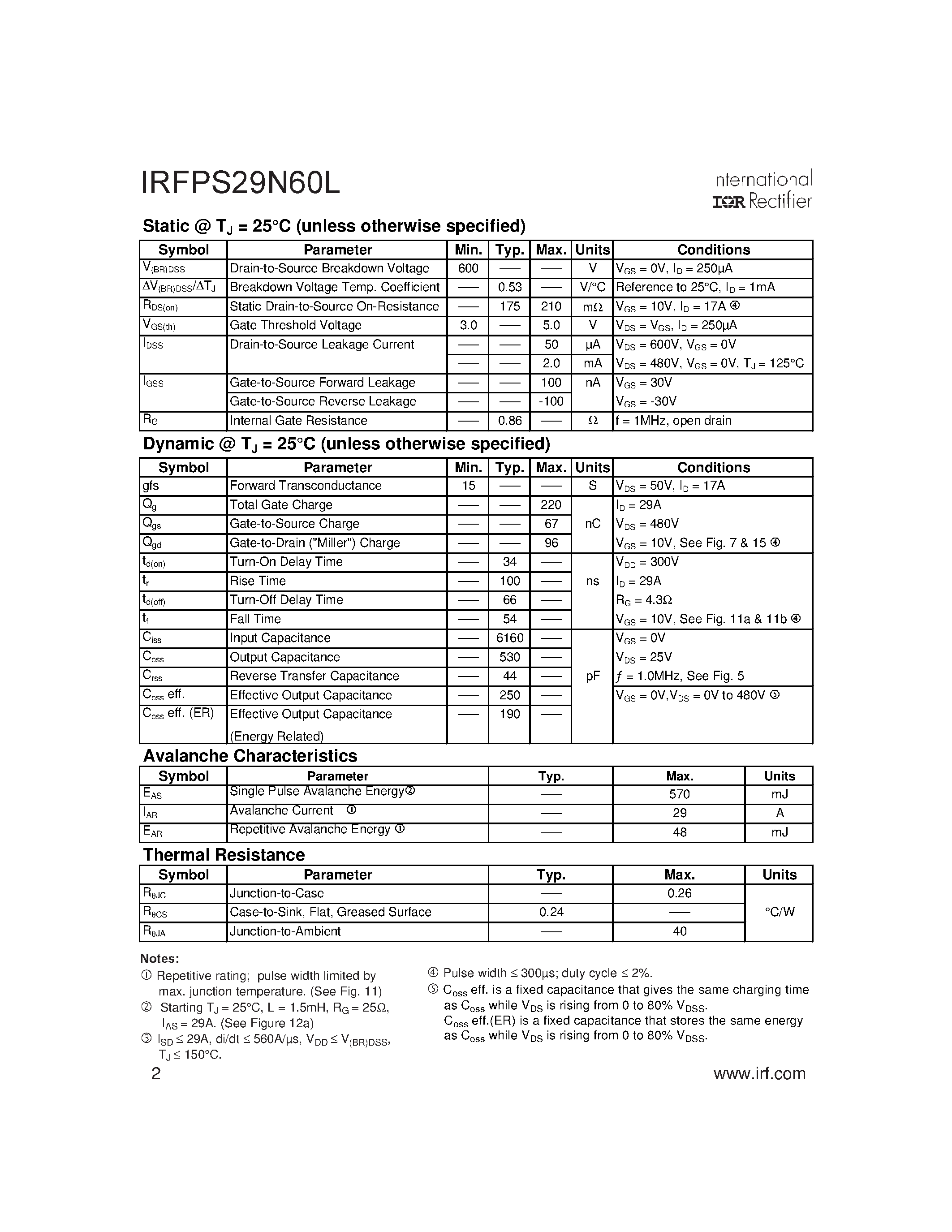 Datasheet IRFPS29N60L - SMPS MOSFET page 2