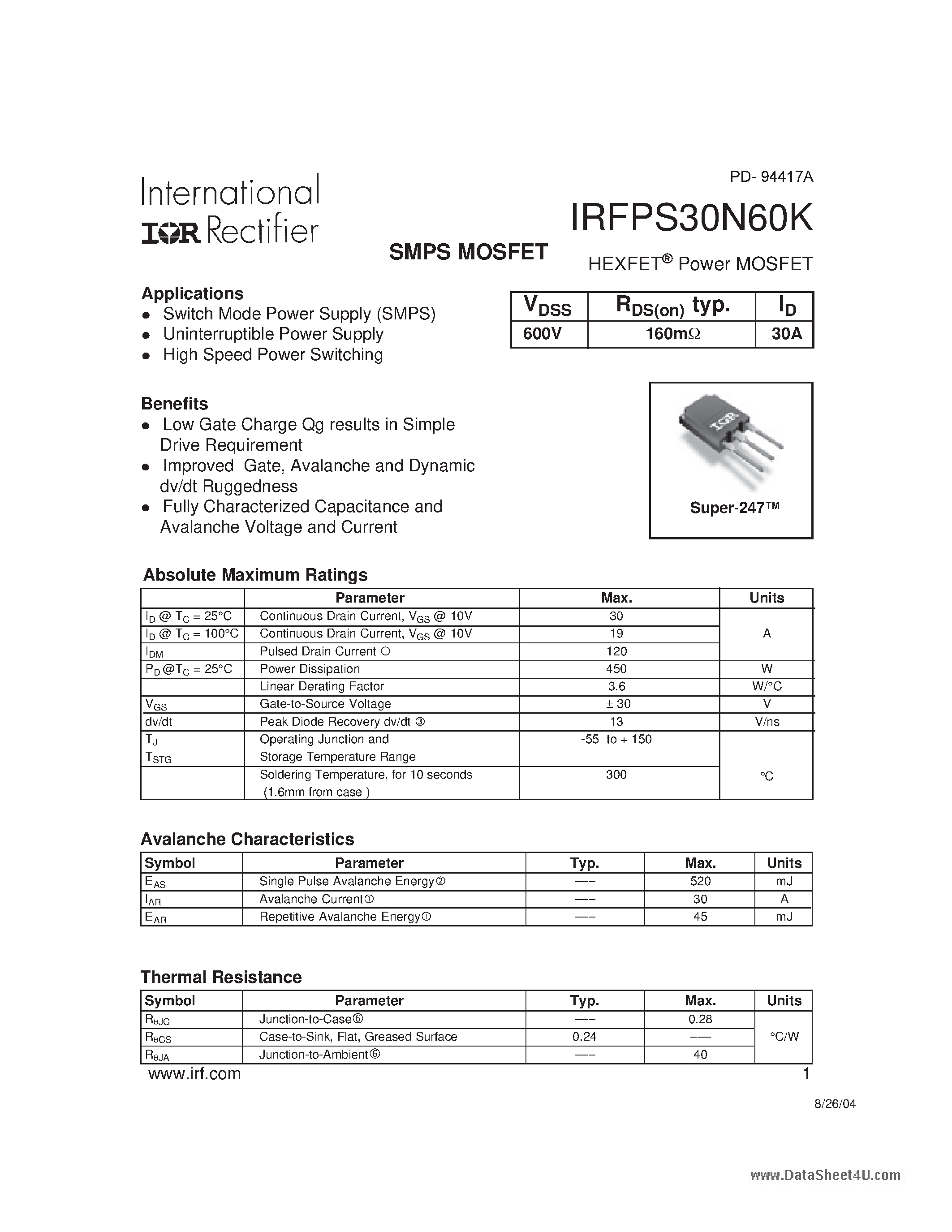 Даташит IRFPS30N60K - SMPS MOSFET страница 1