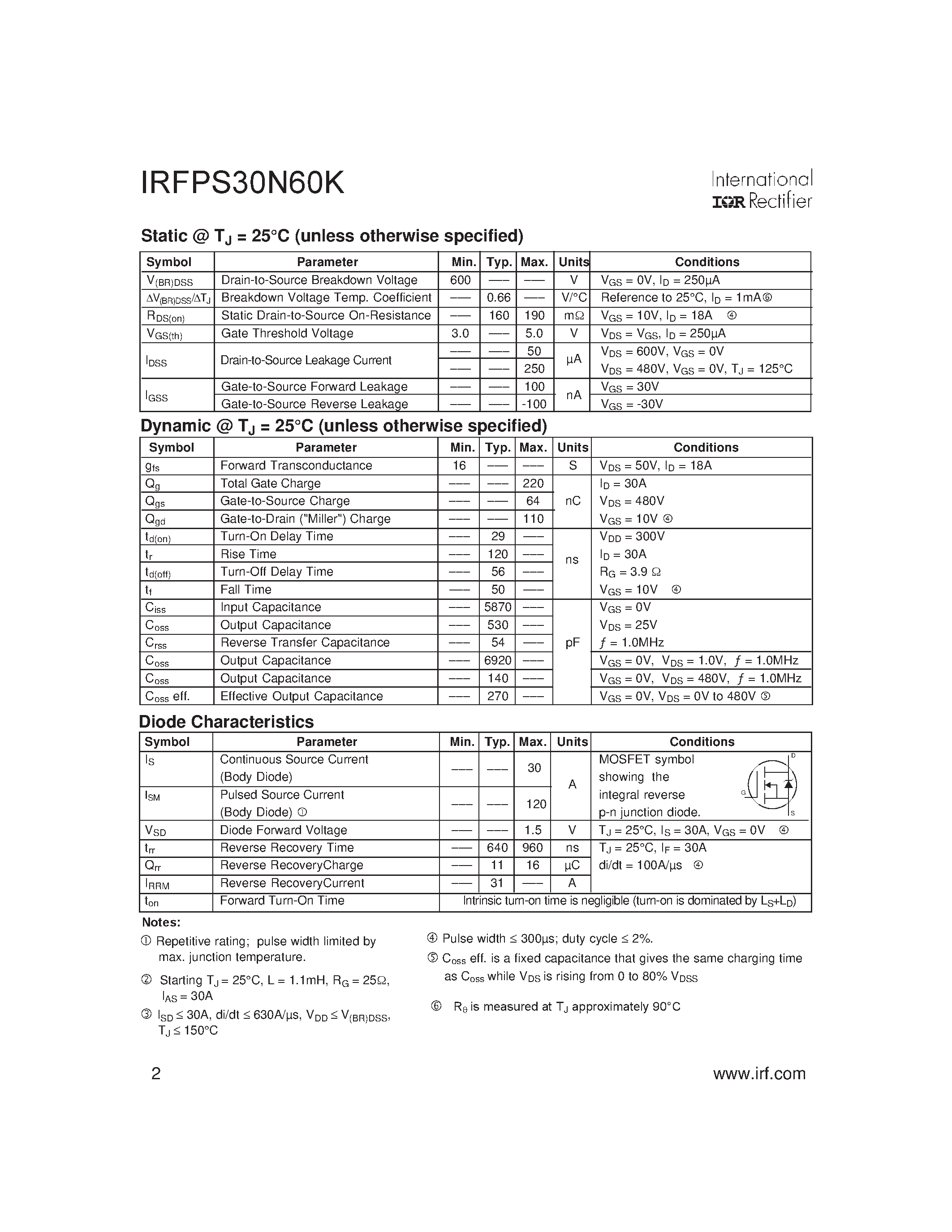 Datasheet IRFPS30N60K - SMPS MOSFET page 2
