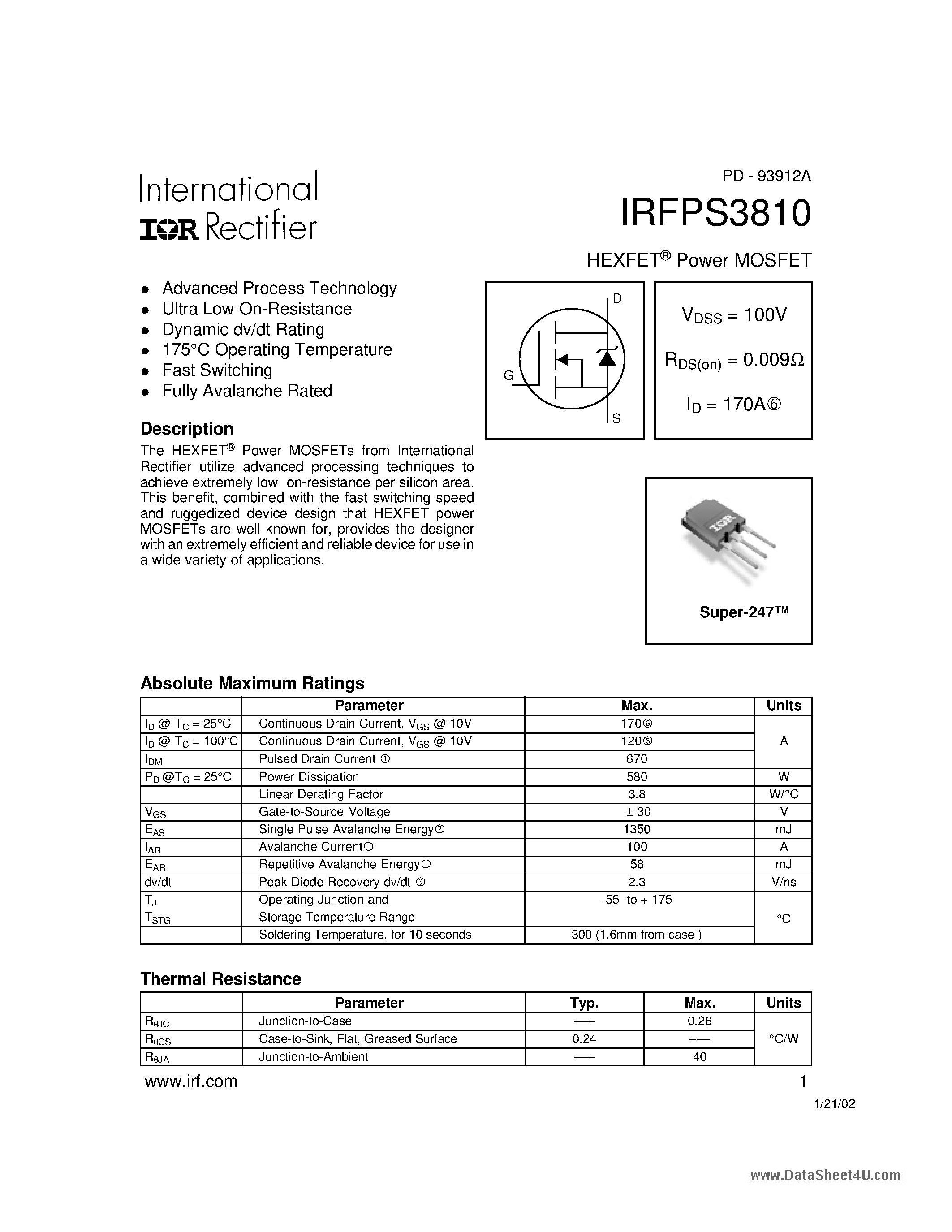 Datasheet IRFPS3810 - HEXFET Power MOSFET page 1