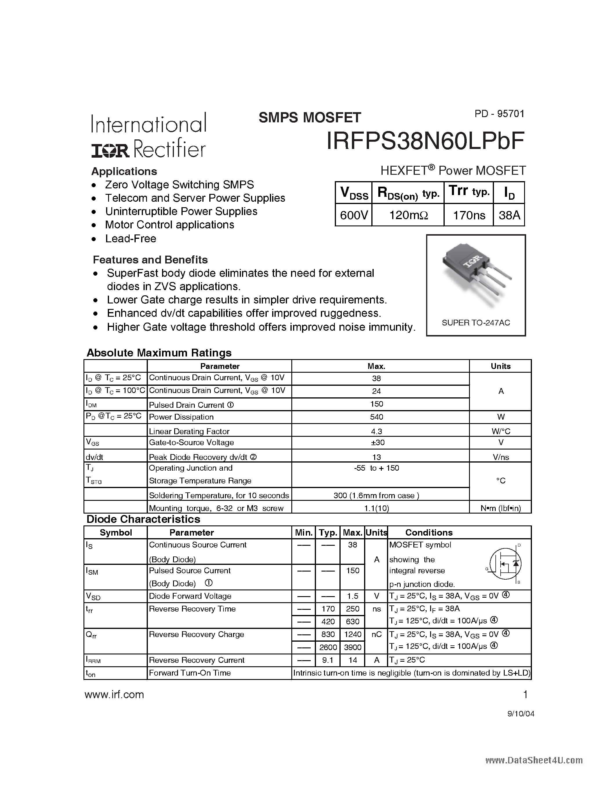 Datasheet IRFPS38N60LPBF - HEXFET Power MOSFET page 1