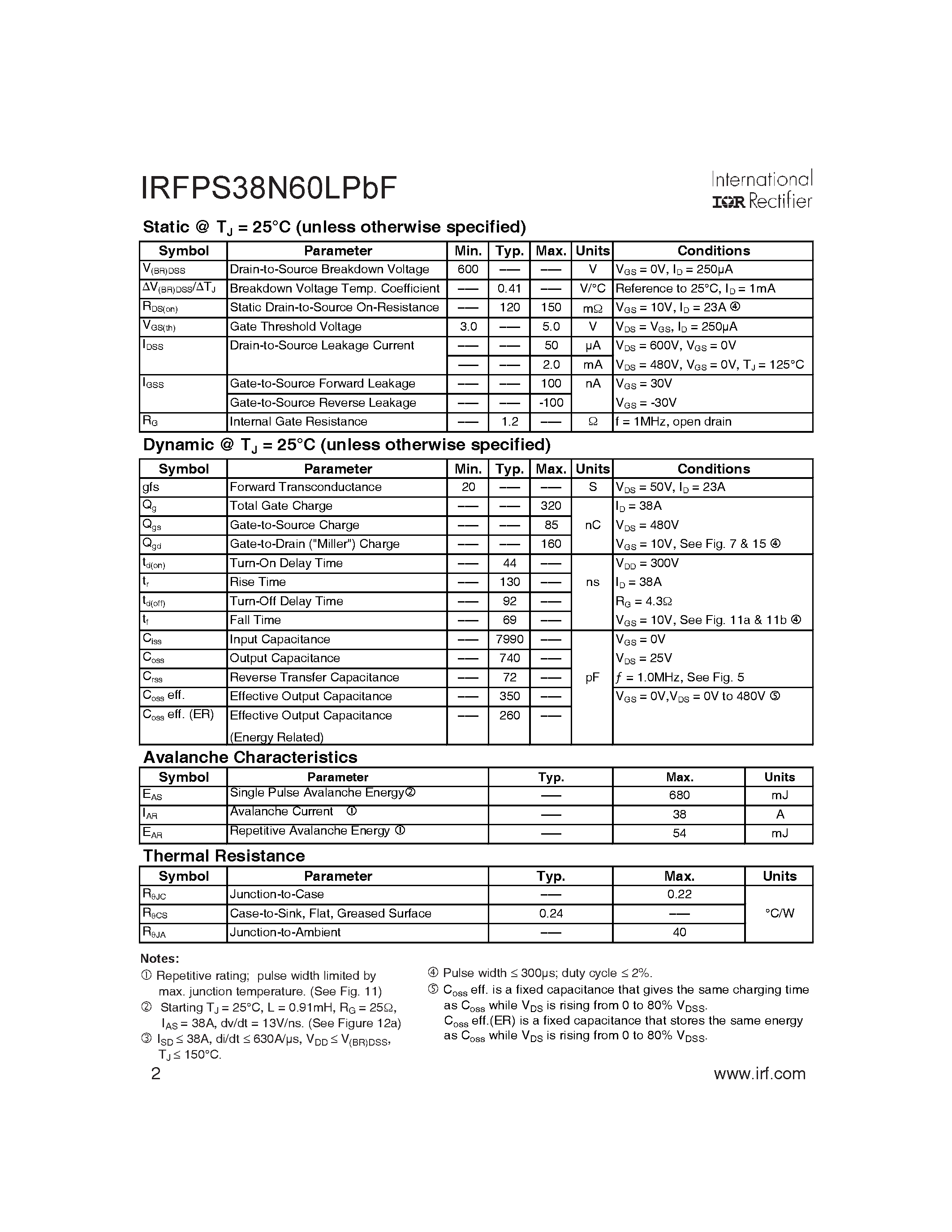Datasheet IRFPS38N60LPBF - HEXFET Power MOSFET page 2