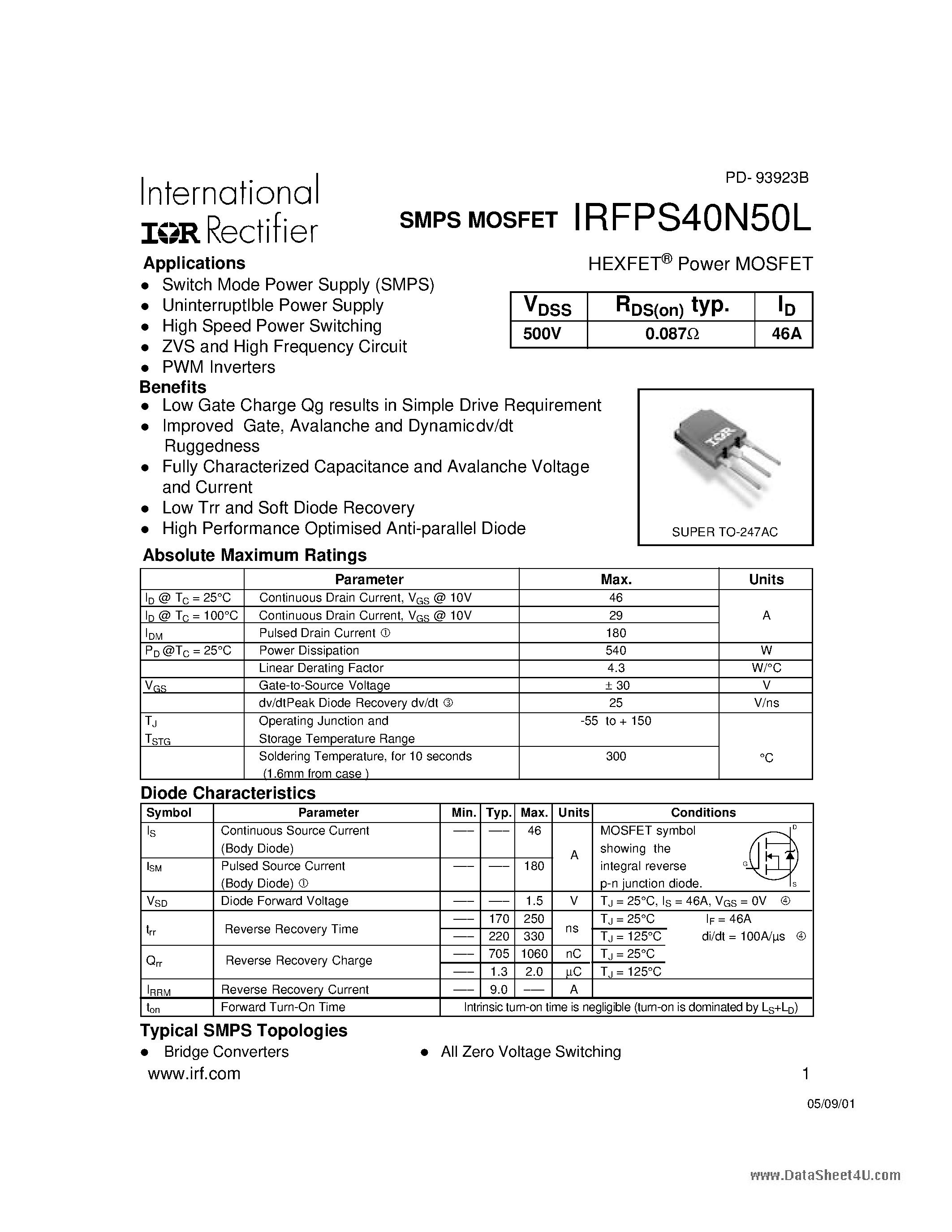 Datasheet IRFPS40N50L - HEXFET Power MOSFET page 1