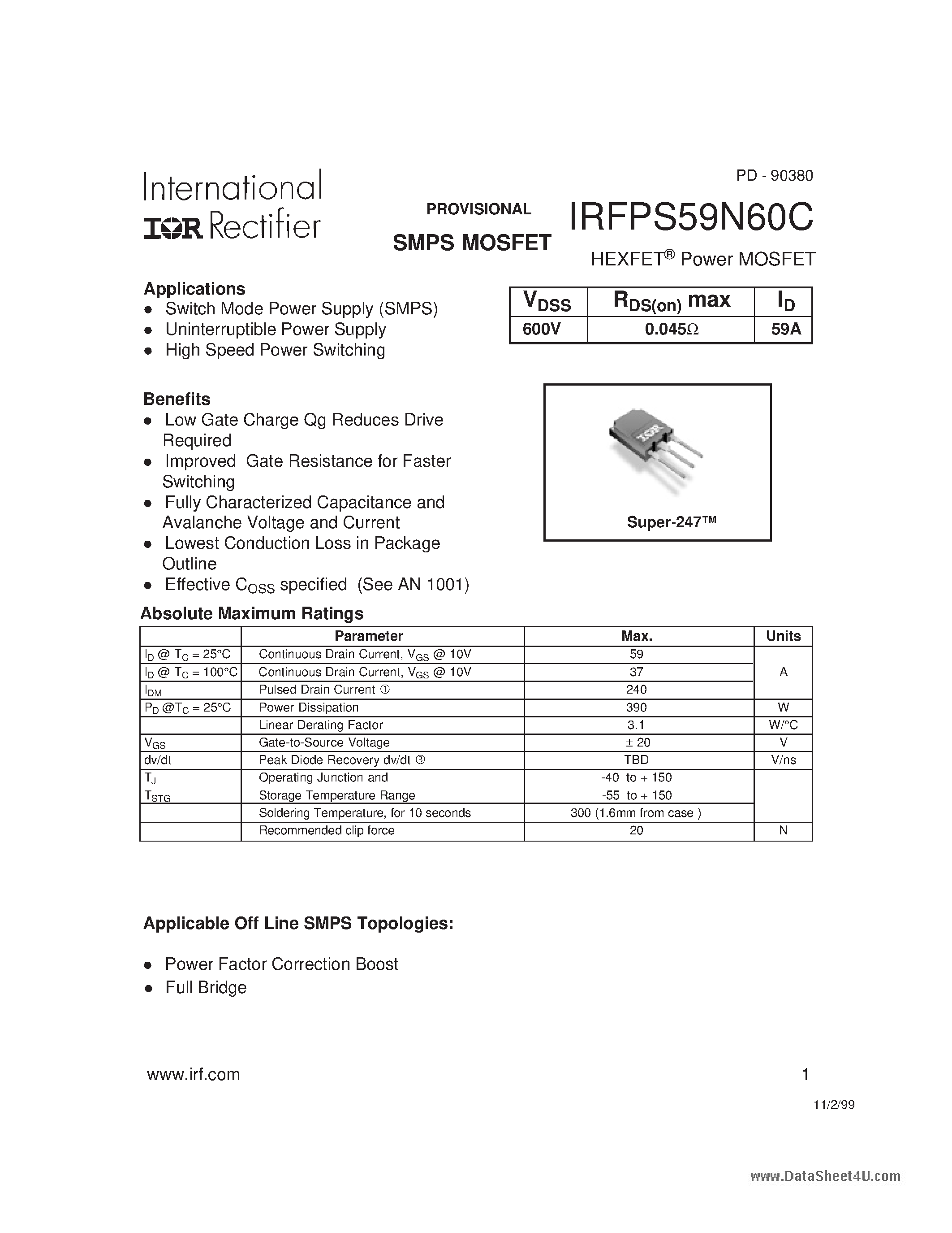 Datasheet IRFPS59N60C - HEXFET Power MOSFET page 1