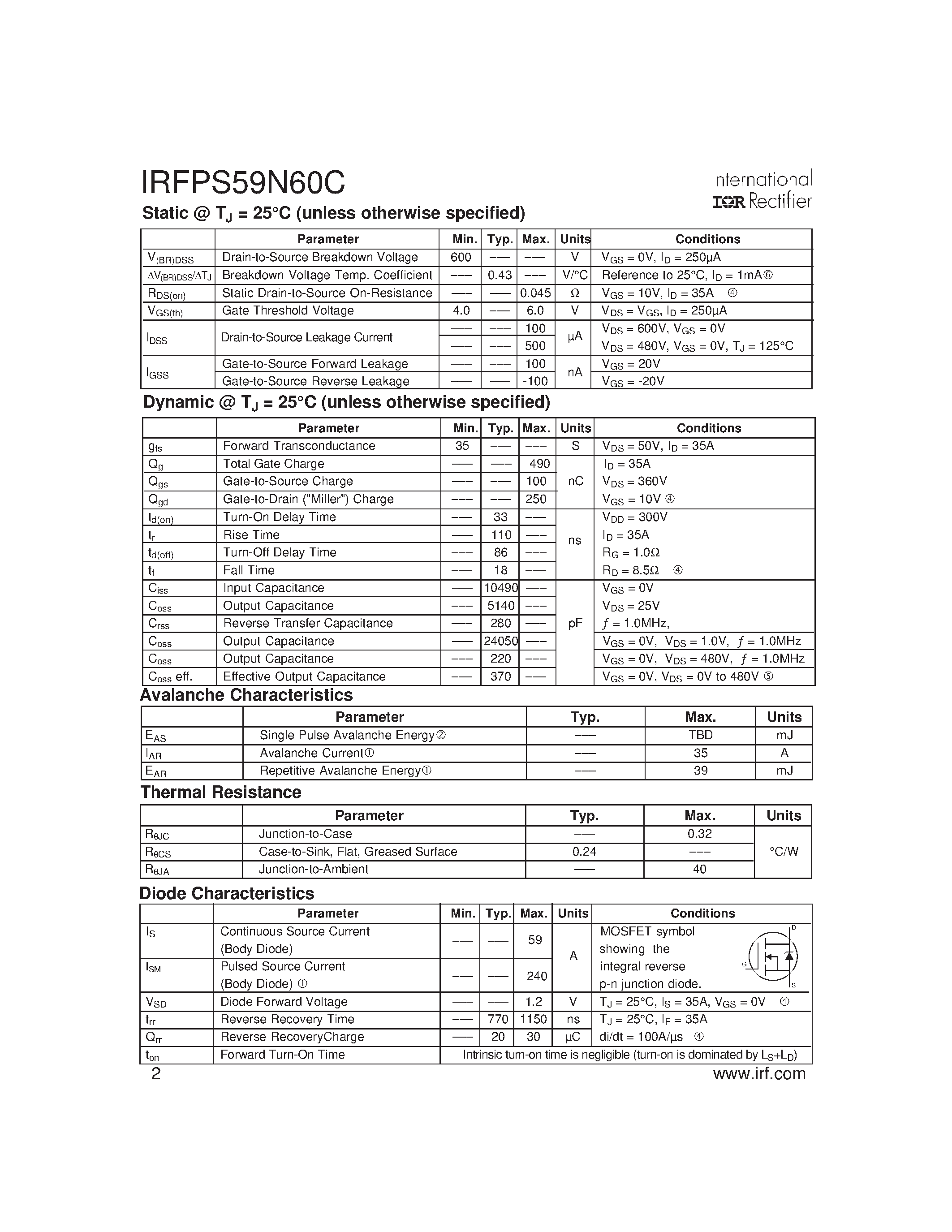 Datasheet IRFPS59N60C - HEXFET Power MOSFET page 2