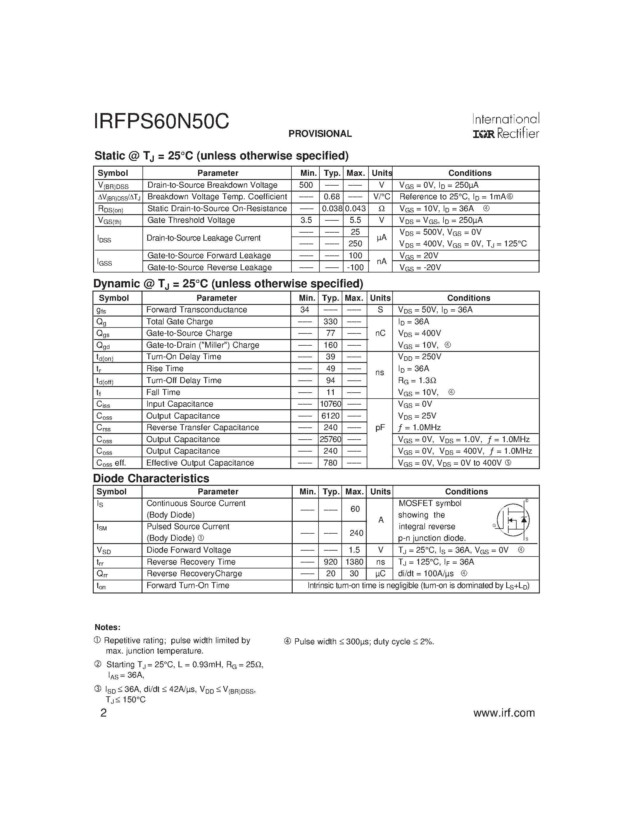 Datasheet IRFPS60N50C - HEXFET Power MOSFET page 2