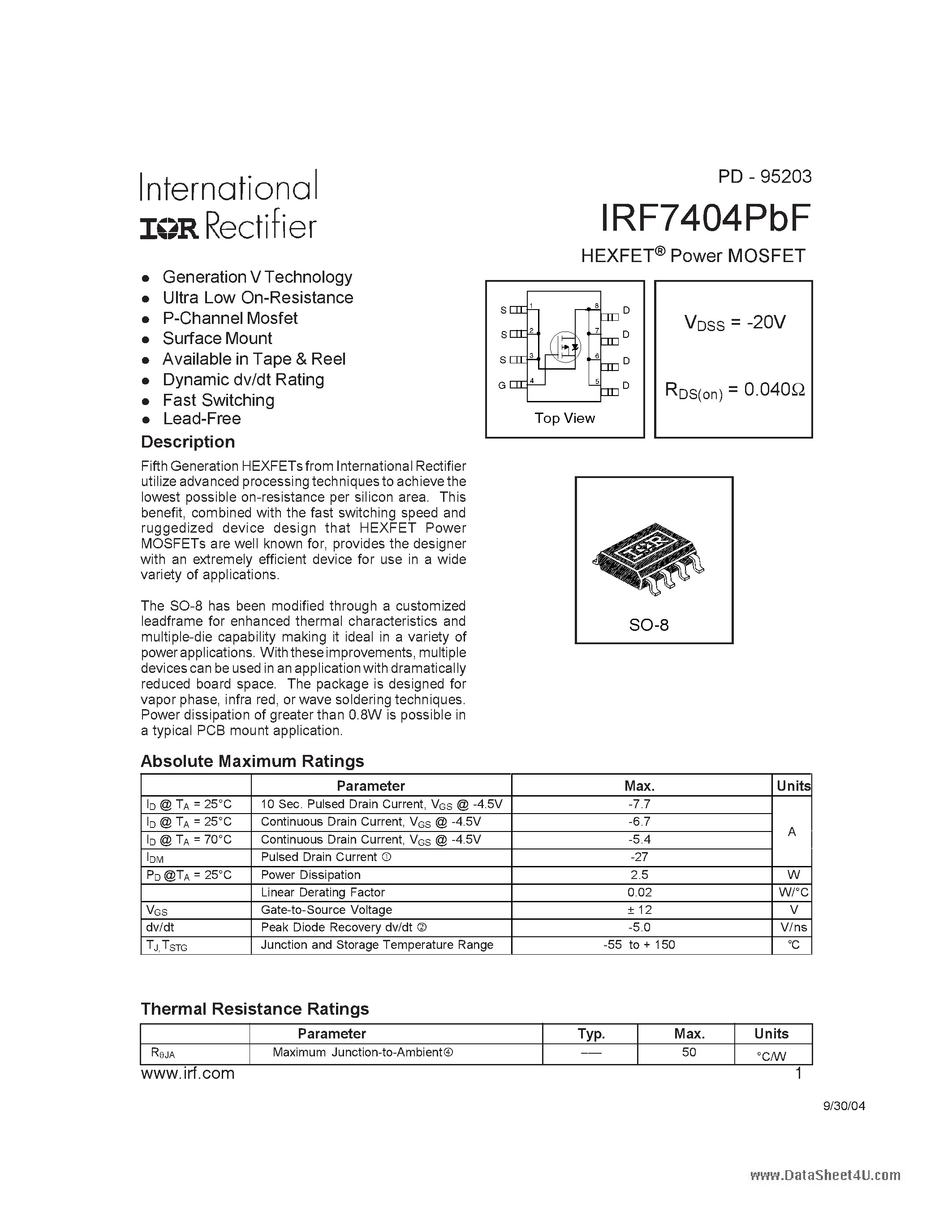 Datasheet IRF7404PBF - HEXFET Power MOSFET page 1