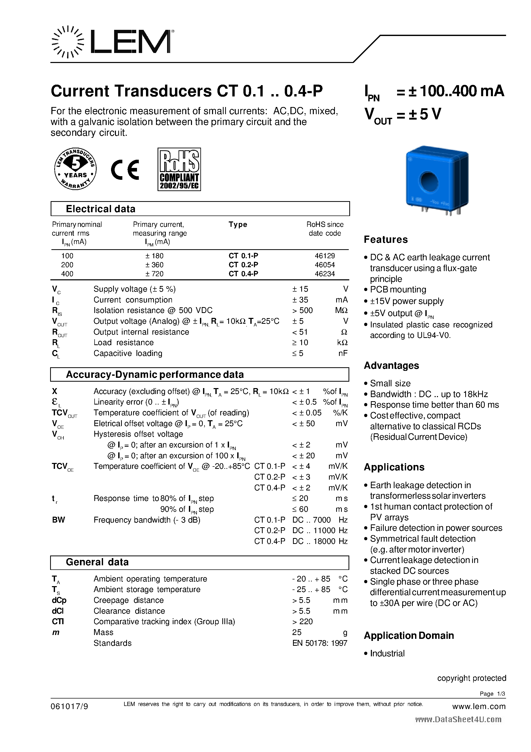 Datasheet CT0.1-P - (CT0.1-P - CT0.4-P) Current Transducers page 1