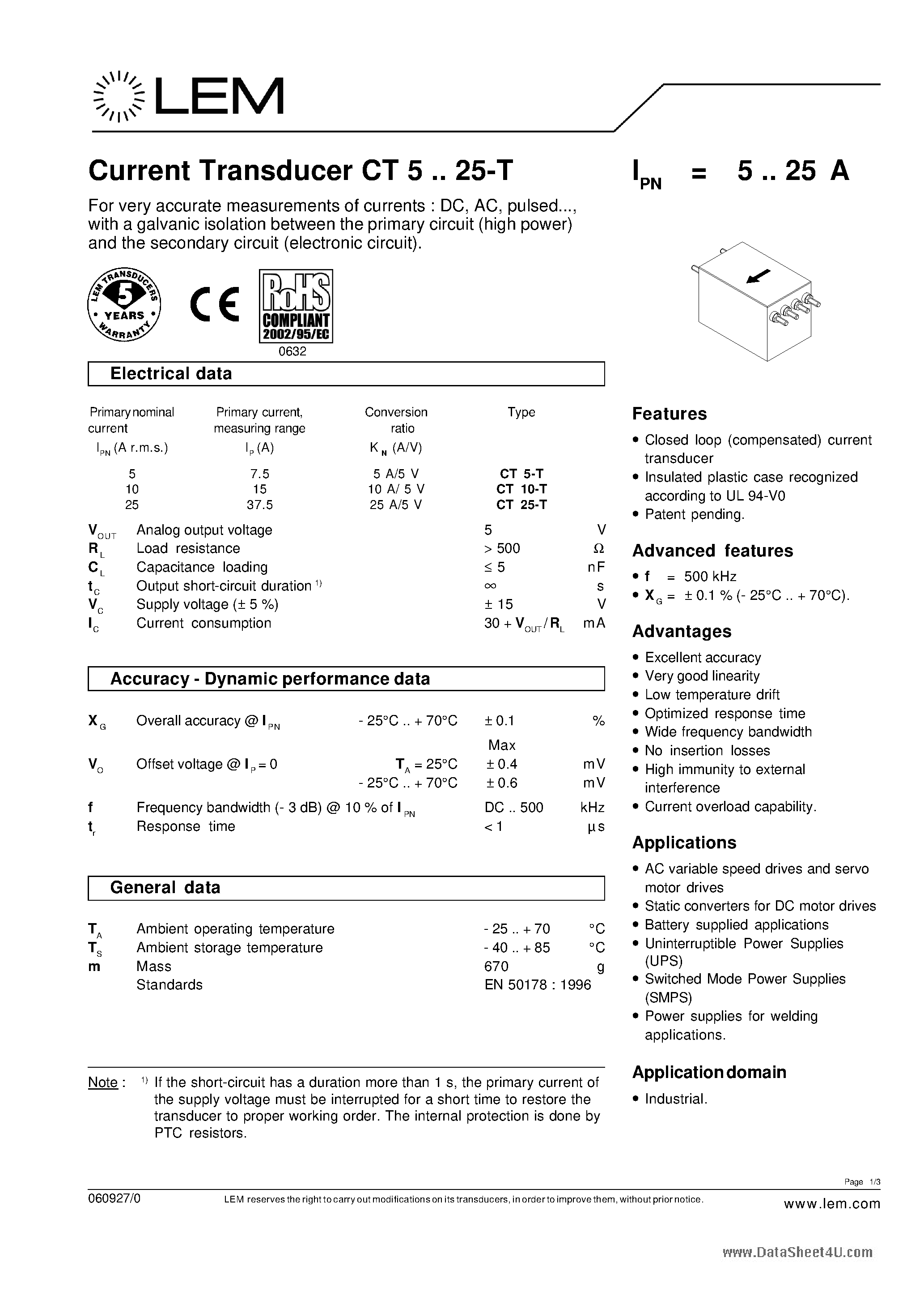 Datasheet CT25-T - Current Transducer page 1