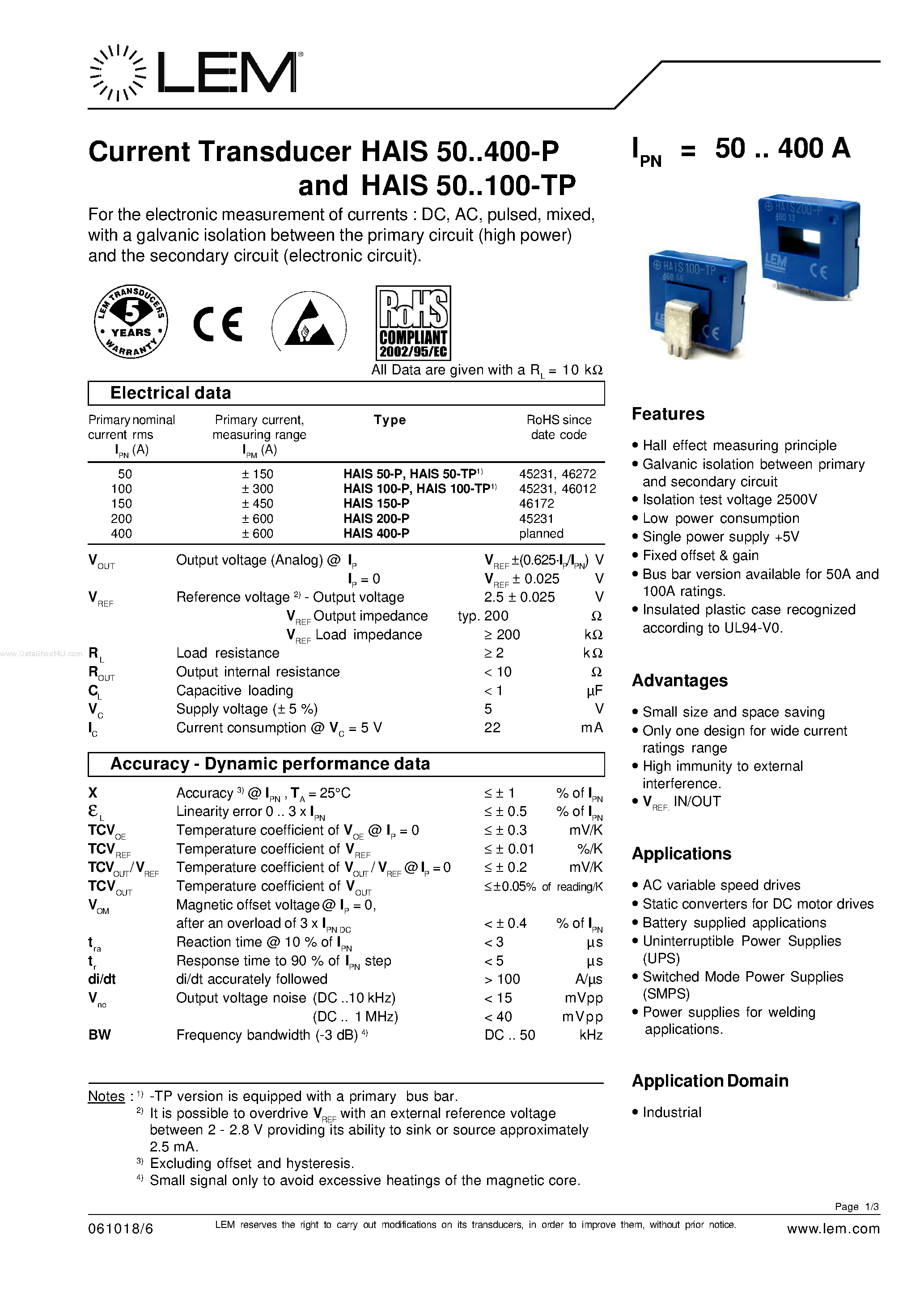 Datasheet HAIS100-P - (HAISxxx-P) Current Transducer page 1