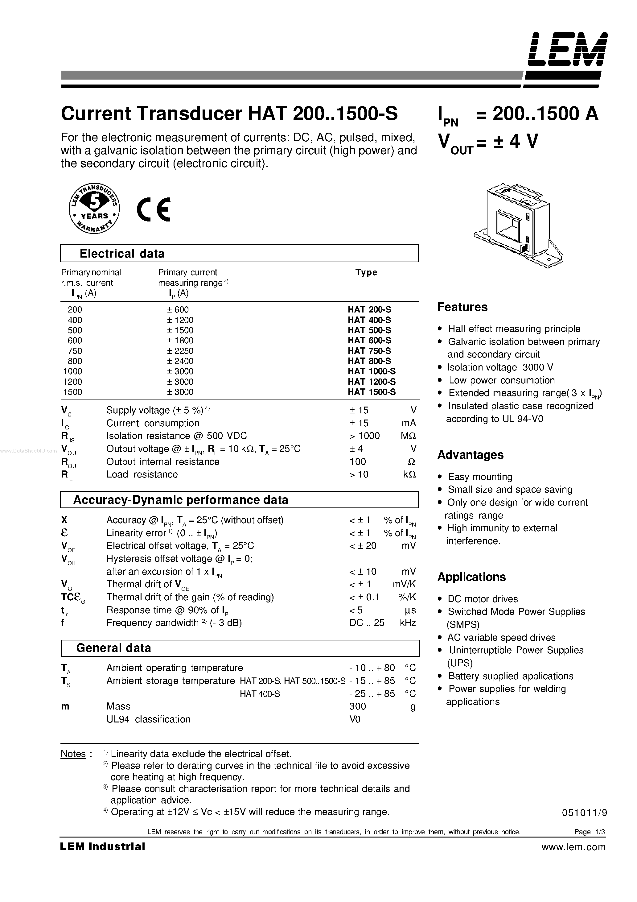 Datasheet HAT1000-S - (HAT200-S - HAT1500-S) Current Transducer page 1