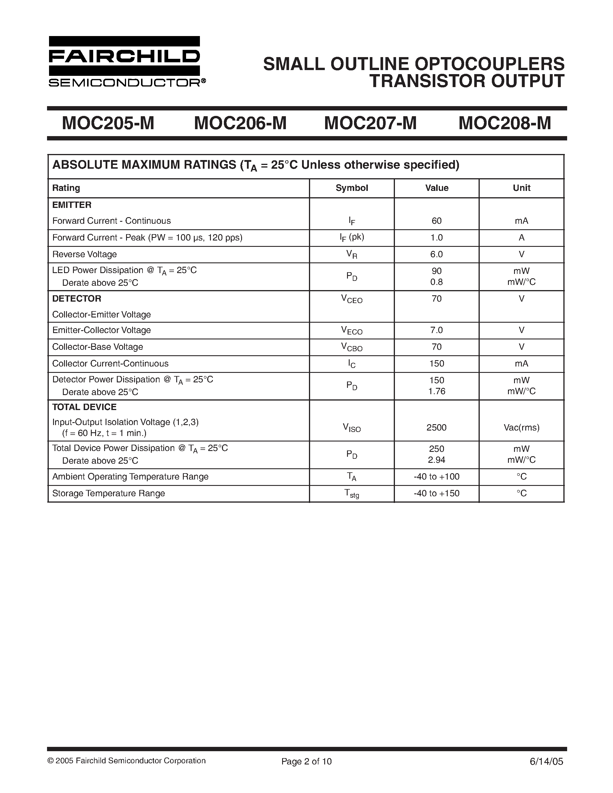 Datasheet MOC205-M - (MOC205-M - MOC208-M) SMALL OUTLINE OPTOCOUPLERS TRANSISTOR OUTPUT page 2