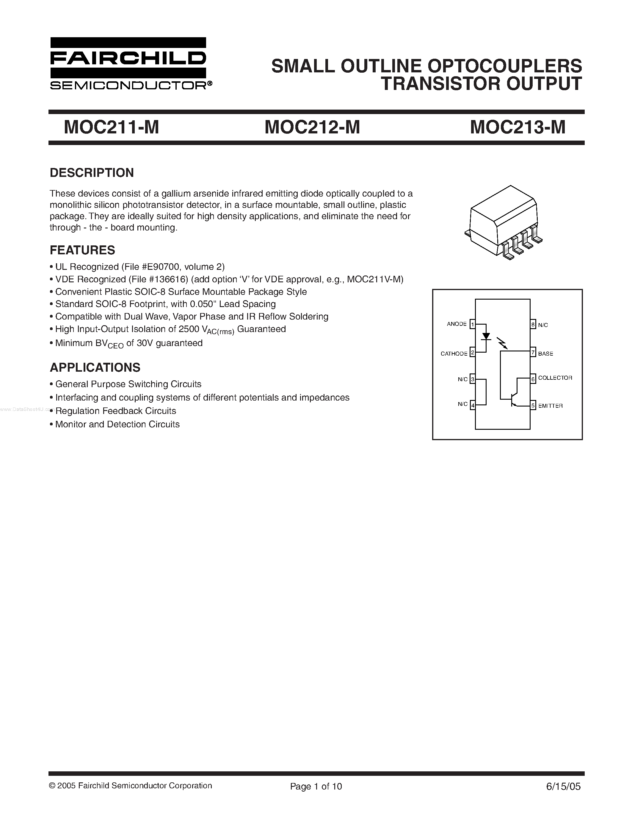 Даташит MOC211-M - (MOC211-M - MOC213-M) SMALL OUTLINE OPTOCOUPLERS TRANSISTOR OUTPUT страница 1
