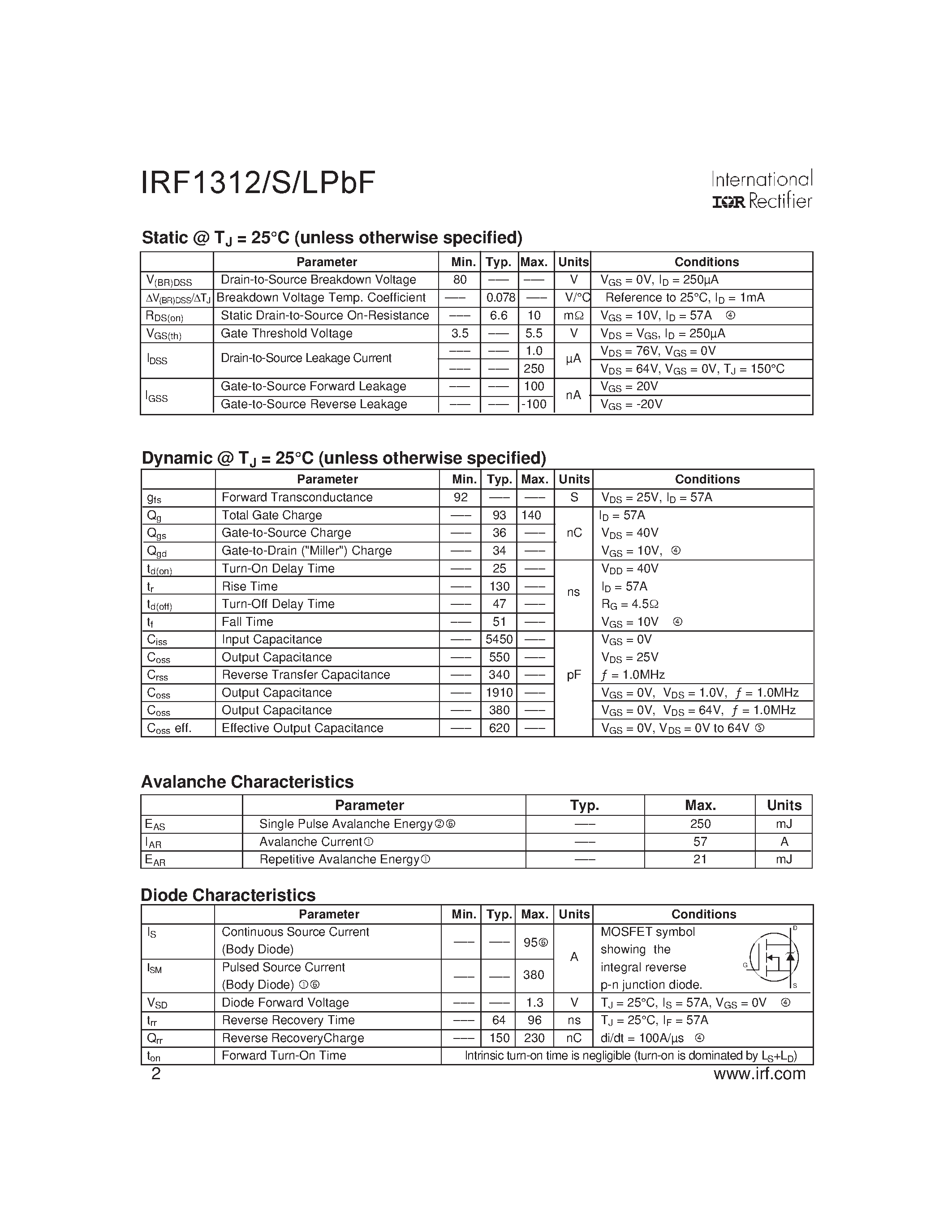 Datasheet IRF1312LPbF - (IRF1312xPbF) HEXFET Power MOSFET page 2