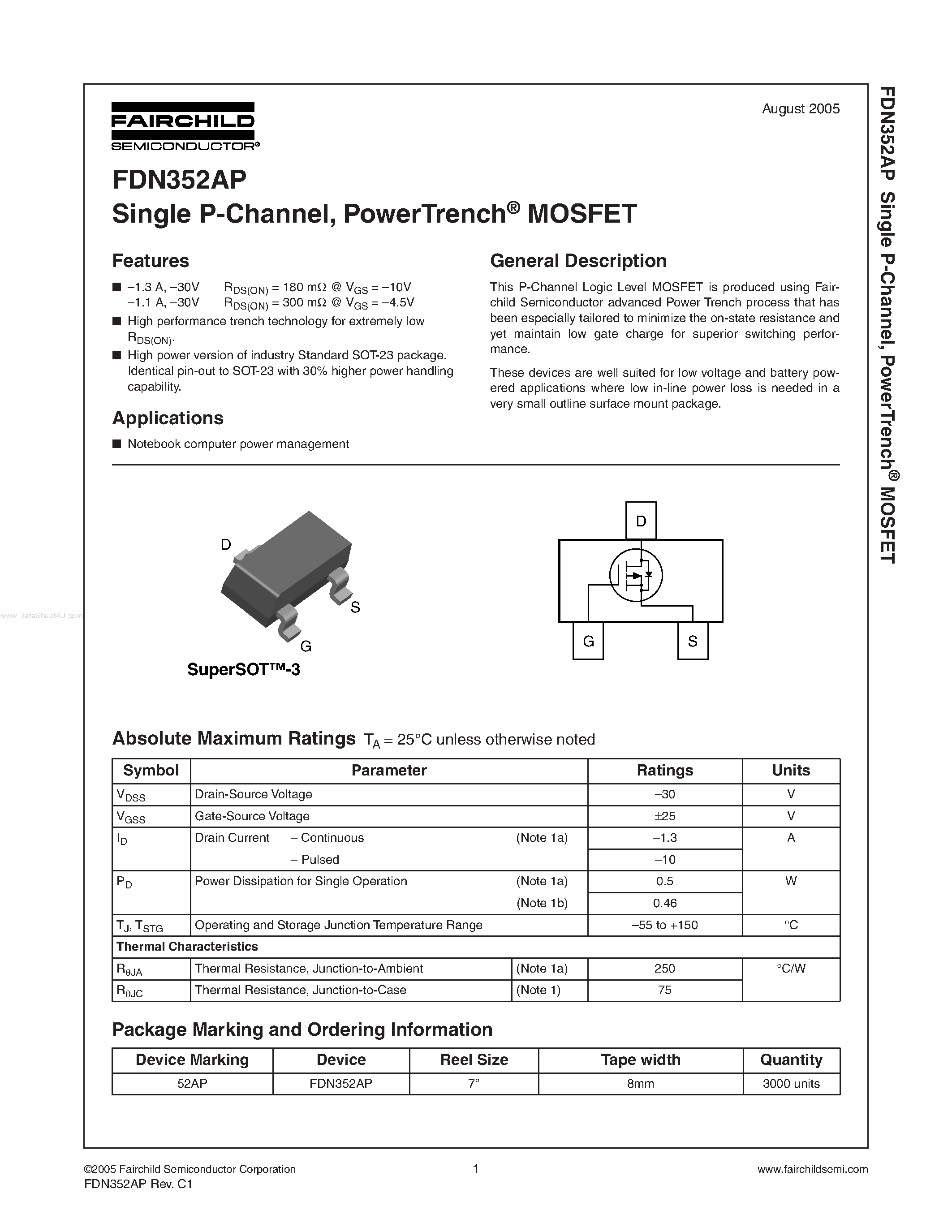 Даташит FDN352AP - PowerTrench MOSFET страница 1