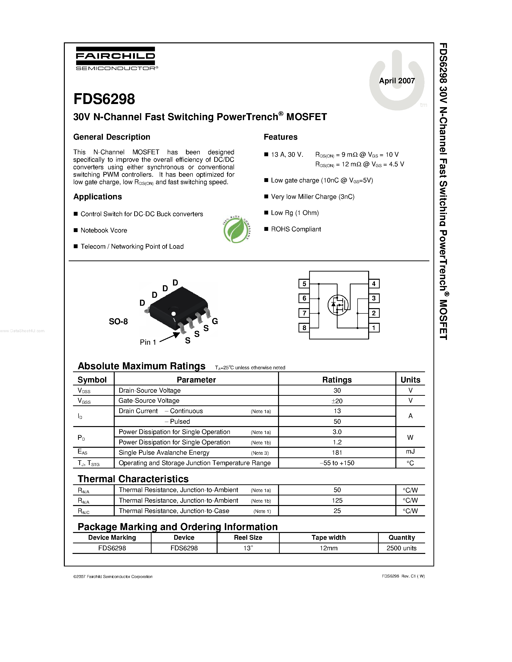 Даташит FDS6298 - 30V N-Channel Fast Switching PowerTrench MOSFET страница 1