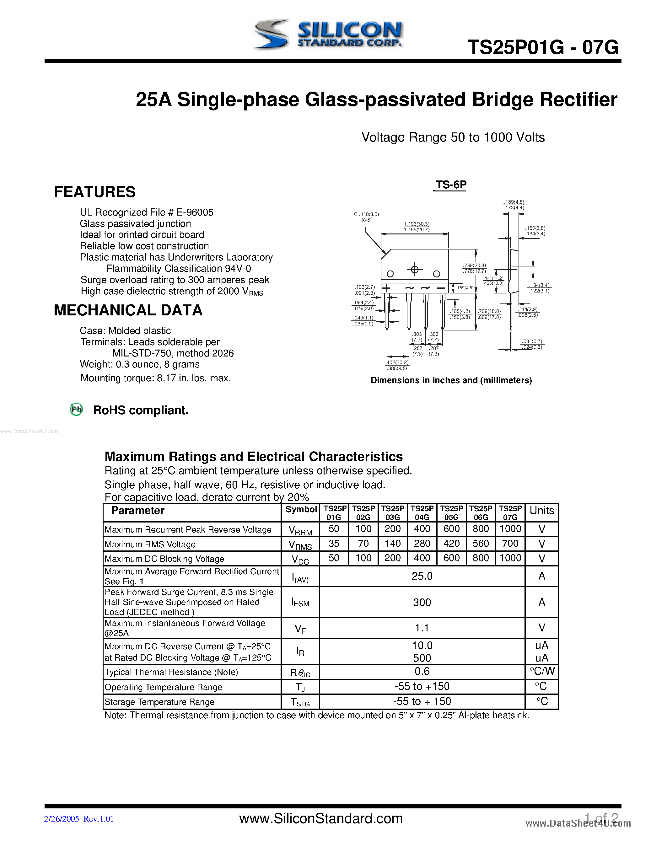 Даташит TS25P01G - (TS25P01G - TS25P07G) 25A Single-Phase Glass Passivated Bridge Rectifier страница 1