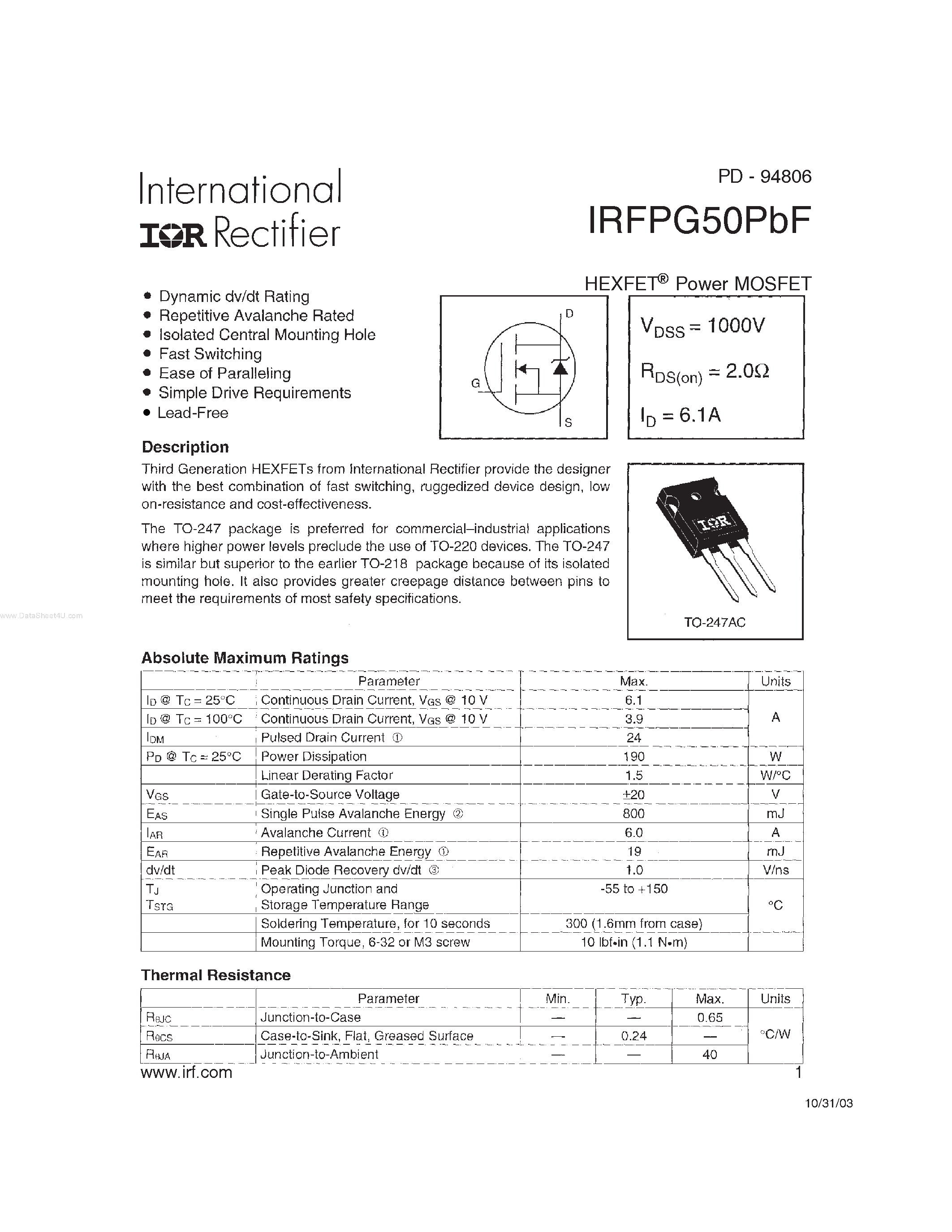 Даташит IRFPG50PBF - HEXFET Power MOSFET страница 1