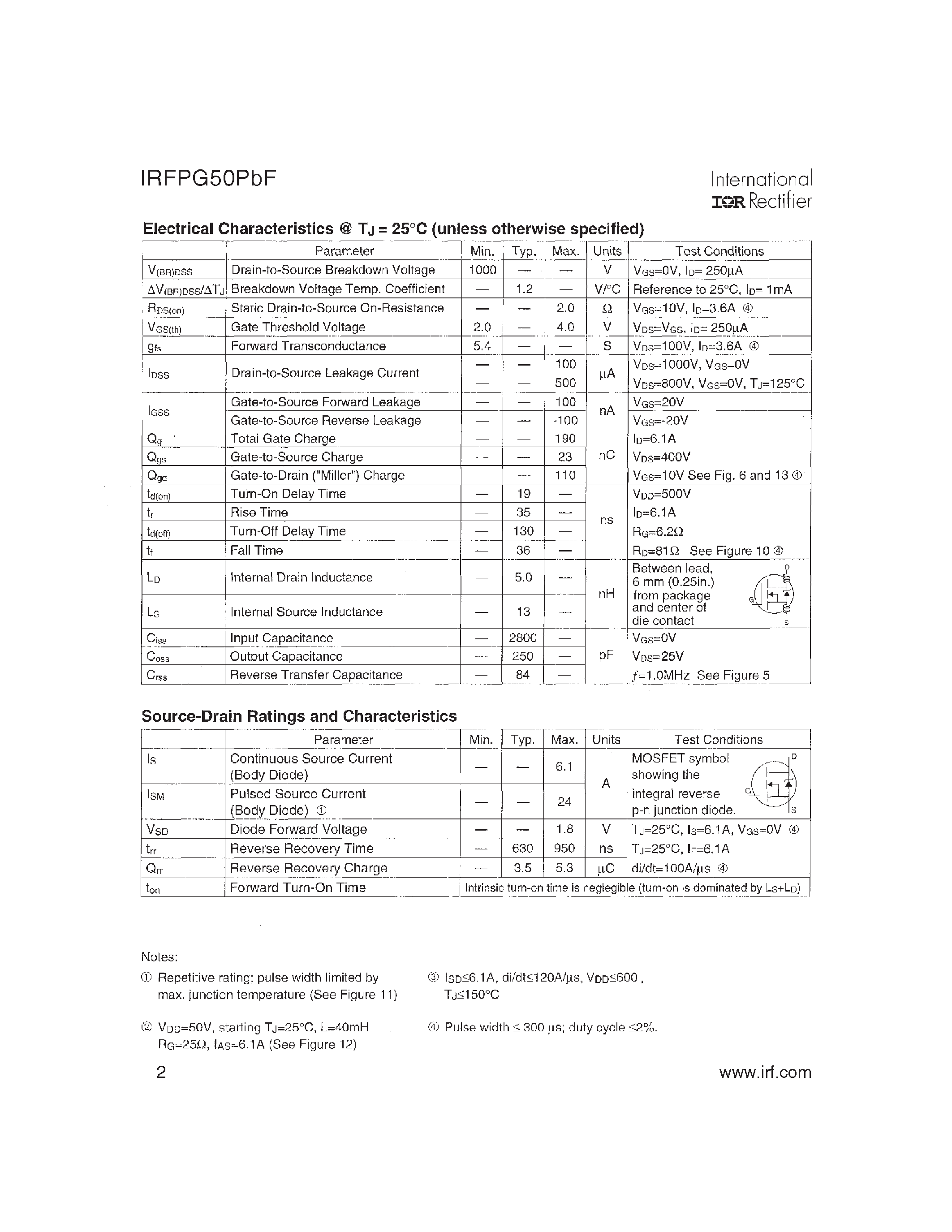 Datasheet IRFPG50PBF - HEXFET Power MOSFET page 2