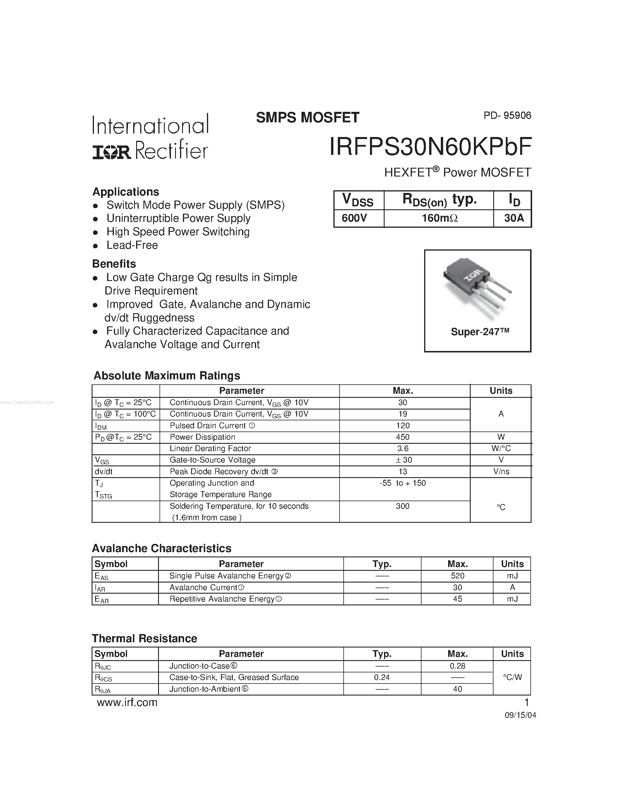 Datasheet IRFPS30N60KPBF - SMPS MOSFET page 1