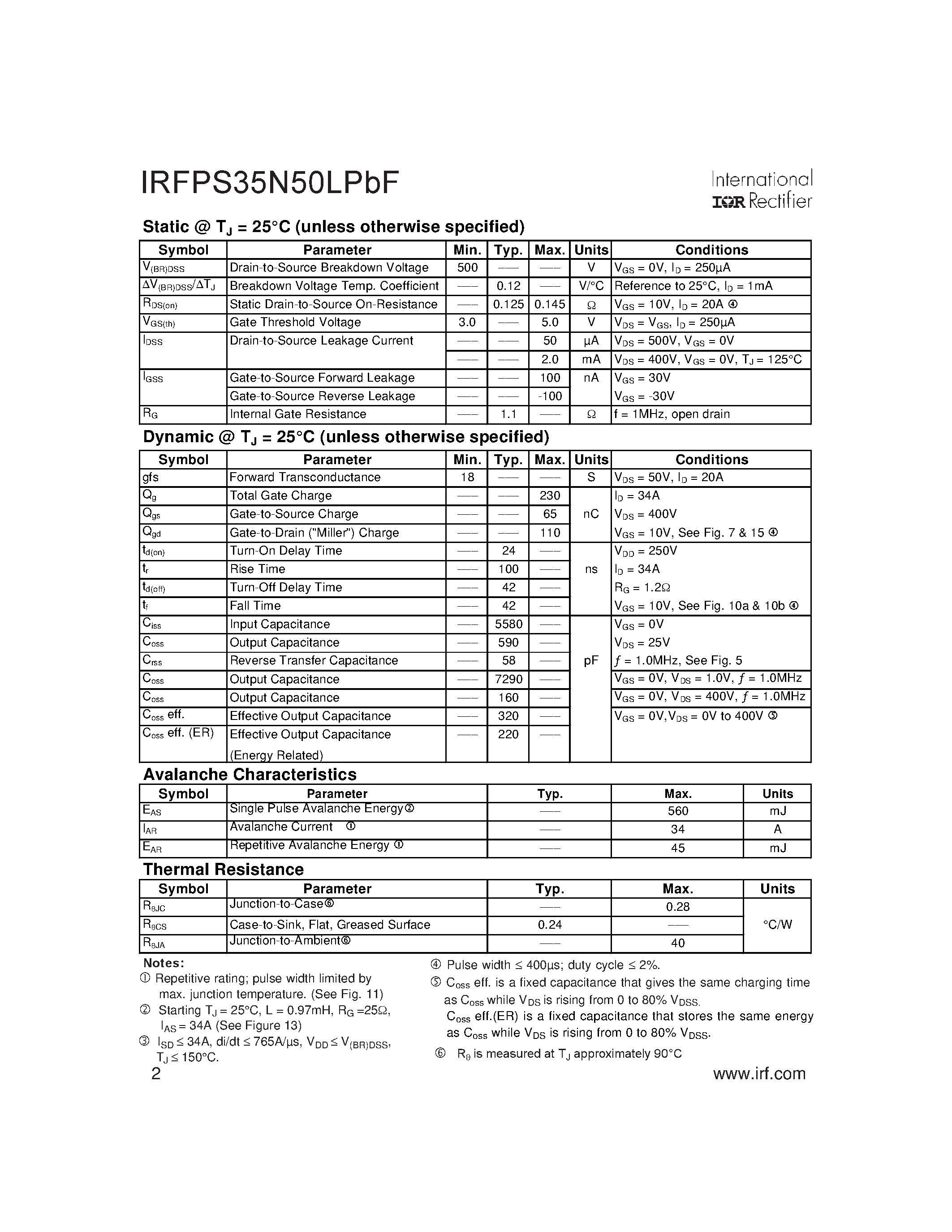 Datasheet IRFPS35N50LPBF - SMPS MOSFET page 2